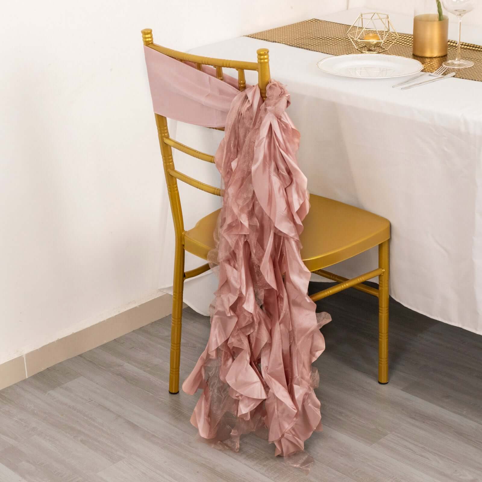 5 Pack Chiffon Satin Chair Sashes Mauve - Easy to Install Ruffled Curly Willow