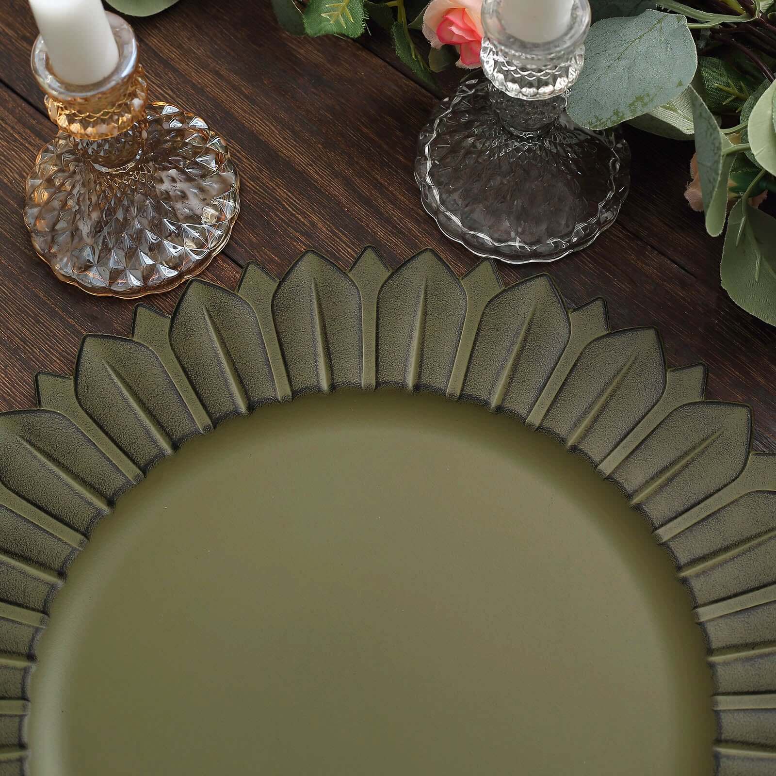 6-Pack Plastic Round Charger Plates 13 in Olive Green with Sunflower Rim, Matte Finish Disposable Dinner Charger Tableware