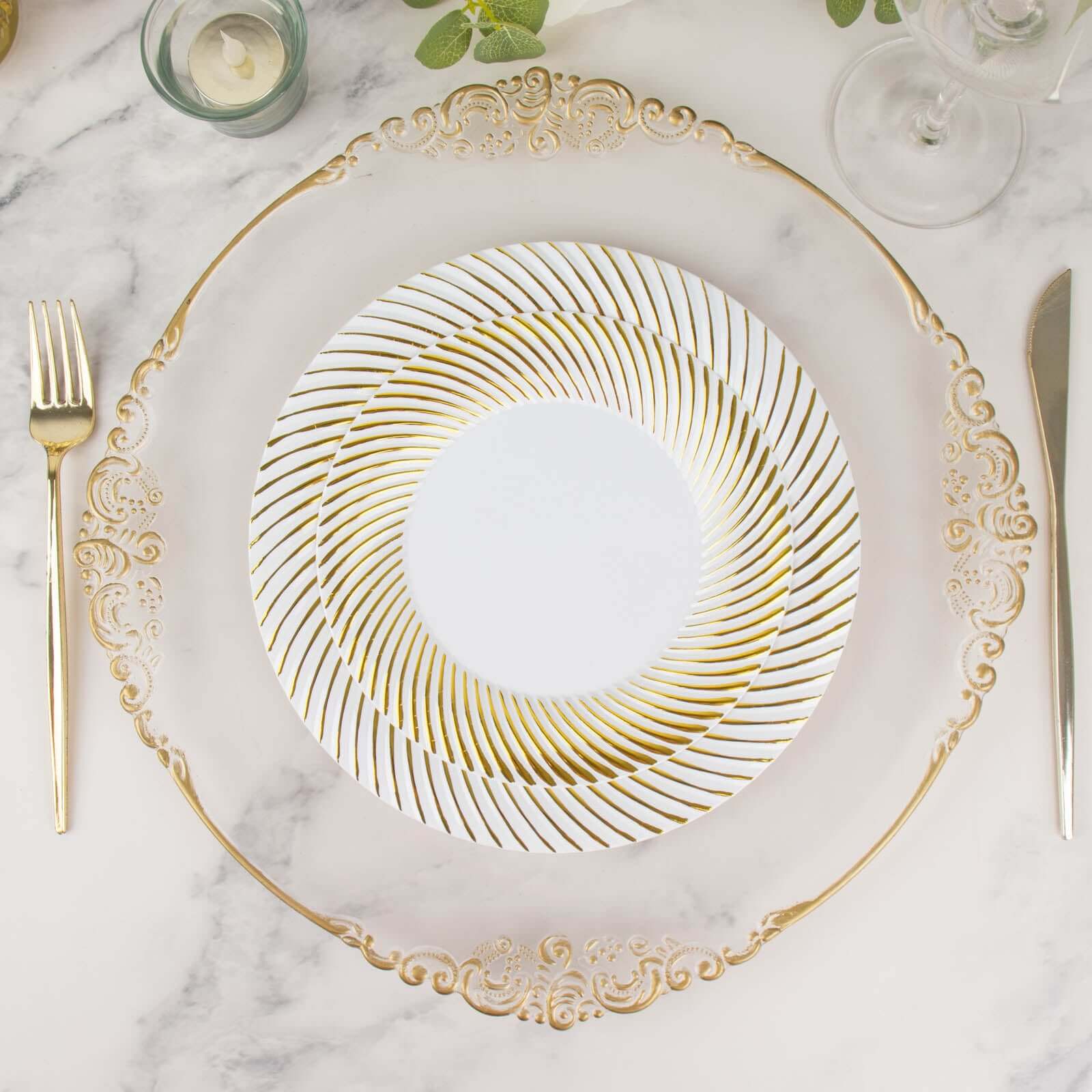 10-Pack Plastic 9 Round Dinner Plates White with Gold Swirl Rim - Disposable Party Plates