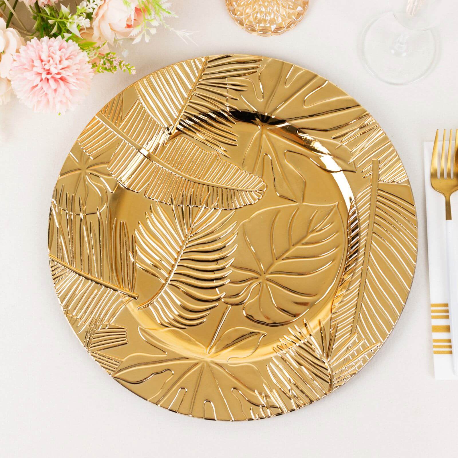 6-Pack Acrylic Round Charger Plates 13 in Metallic Gold with Embossed Tropical Leaves, Decorative Dinner Charger Tableware