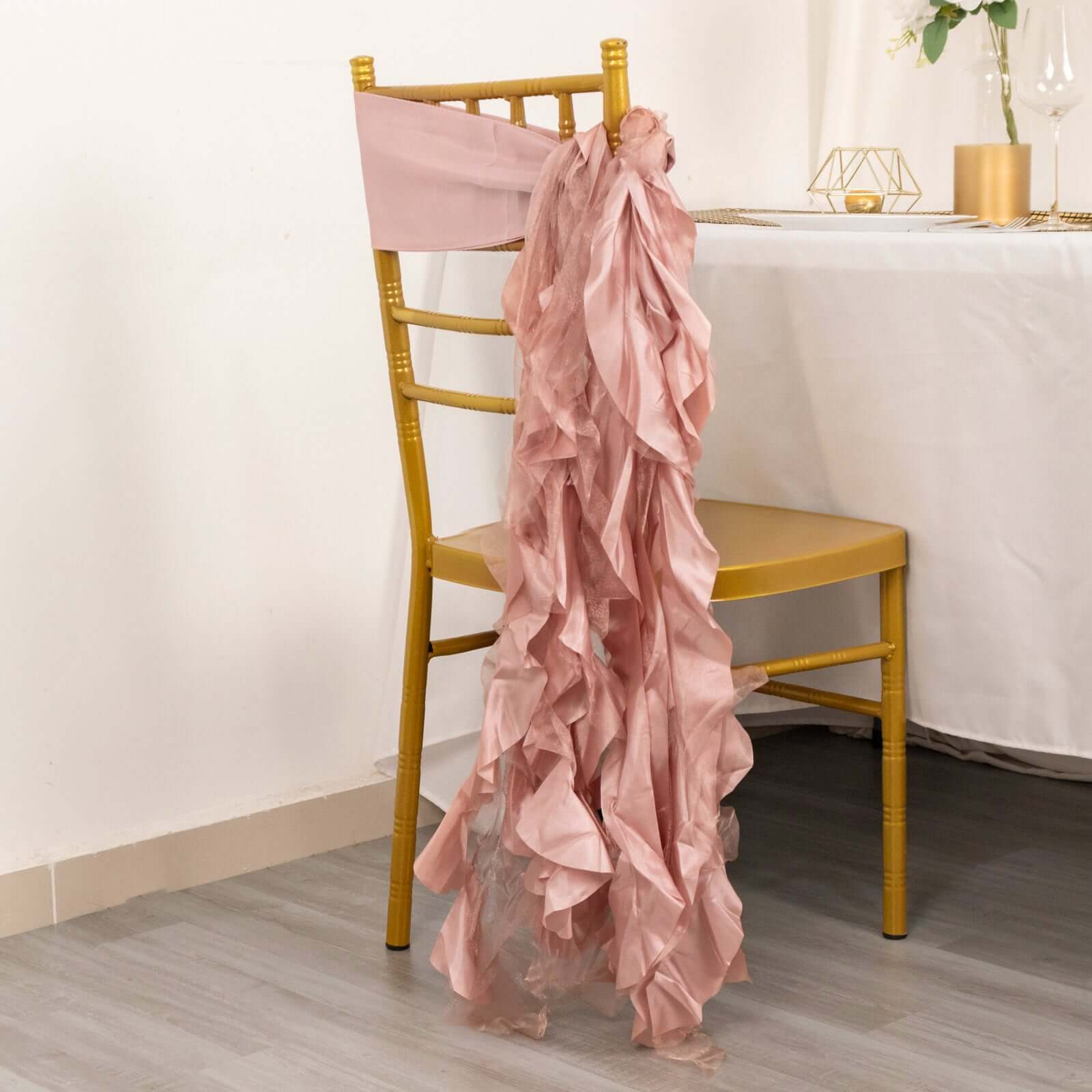 5 Pack Chiffon Satin Chair Sashes Mauve - Easy to Install Ruffled Curly Willow