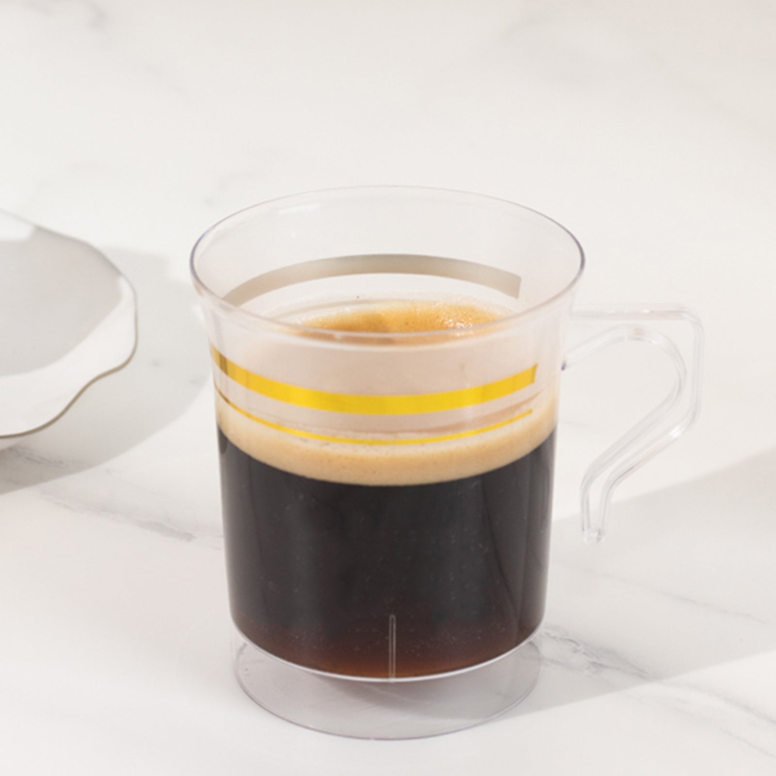 8-Pack Plastic Coffee Mugs Clear with Gold Stripes - Sturdy Disposable Cups for Coffee and Tea 8oz 3.5