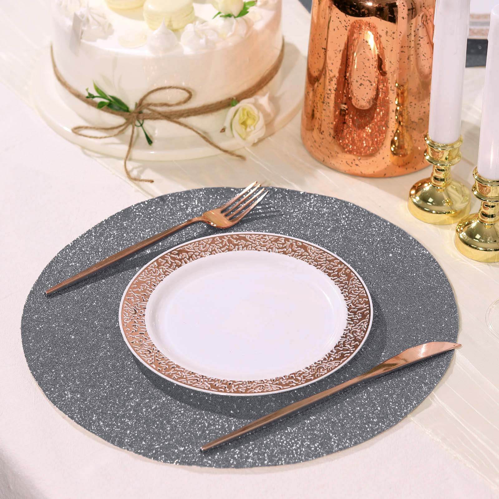 6-Pack Placemats Glitter Design Charcoal Gray Sparkle Round - Non-Slip Decorative Dining Table Mats 13