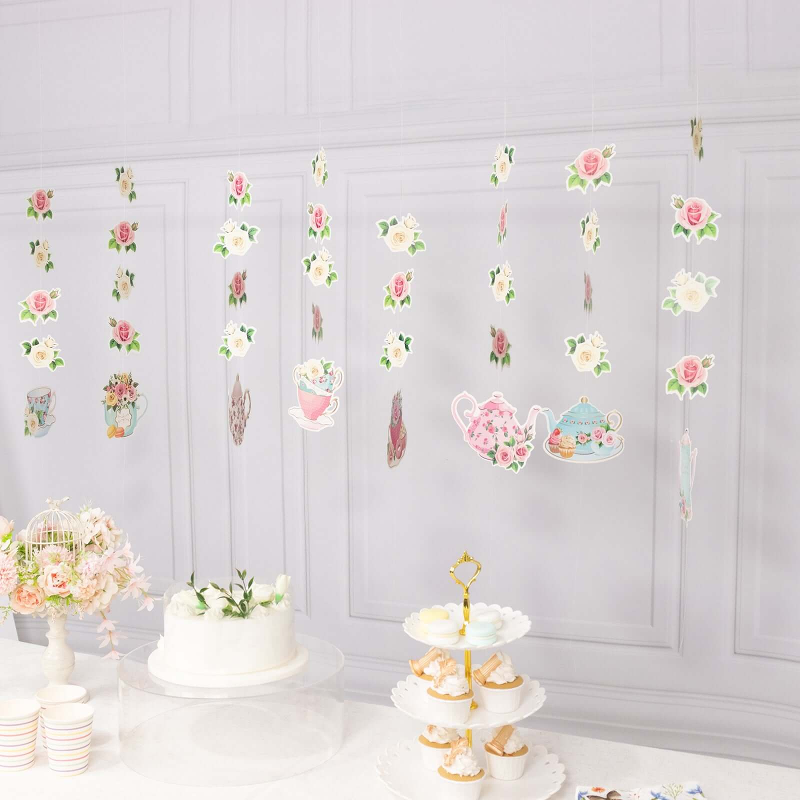 8 Pack Double Sided Floral Tea Party Paper Garland, 40 Pre-Assembled Mixed Teapot Banner Hanging Decorations