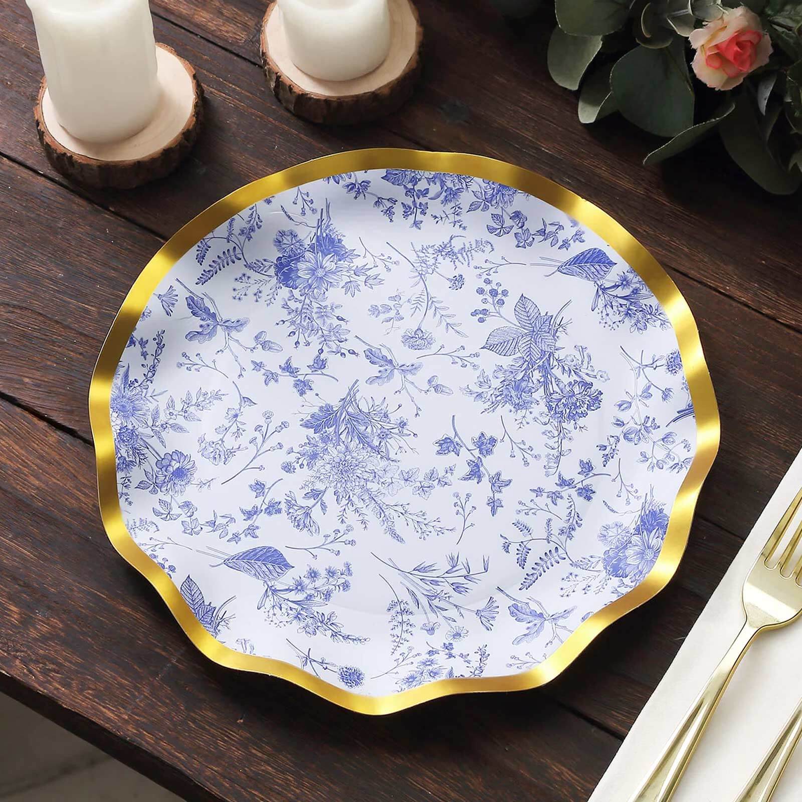 25-Pack Paper Round Dinner Plates 10 in White with Blue French Toile Pattern & Gold Wavy Rim - Disposable 350GSM Party Plates