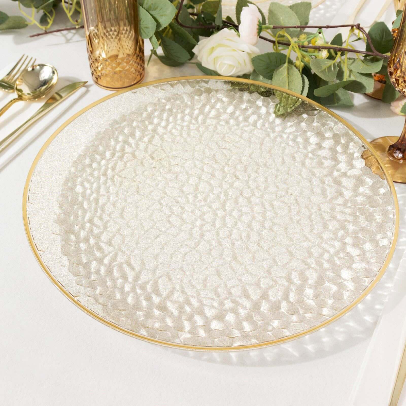 10-Pack Economy Plastic Round Charger Plates 13 in Clear Hammered Design with Glittered Gold Rim - Decorative Dinner Party Serving Plates