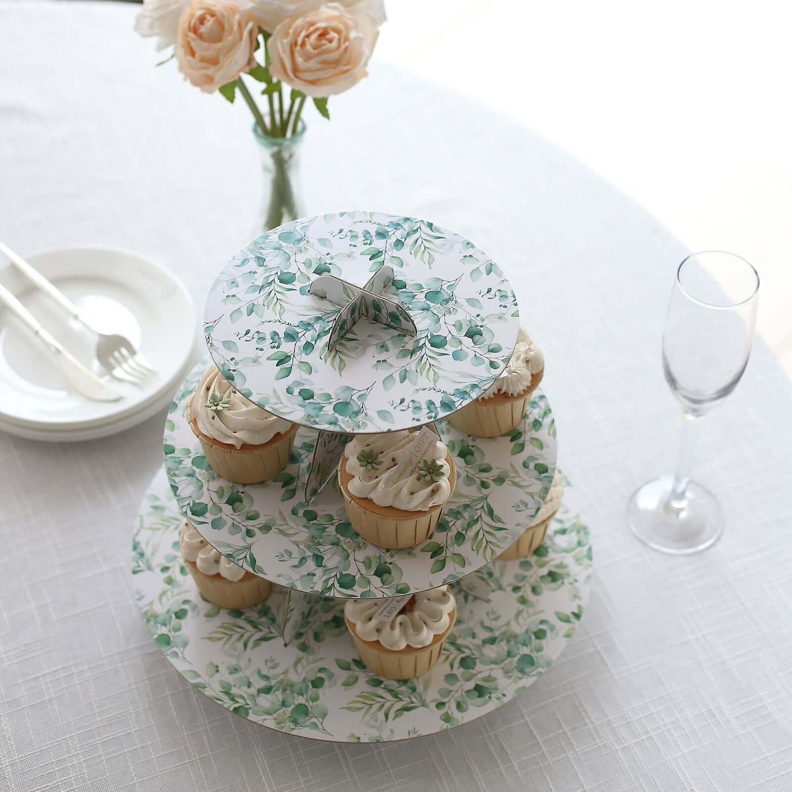 3-Tier Cardboard Cupcake Stand White with Green Eucalyptus Leaves Pattern - Reusable Dessert Display Stand Round Serving Platter for High-Tea Gatherings Weddings & Spring Celebrations 11