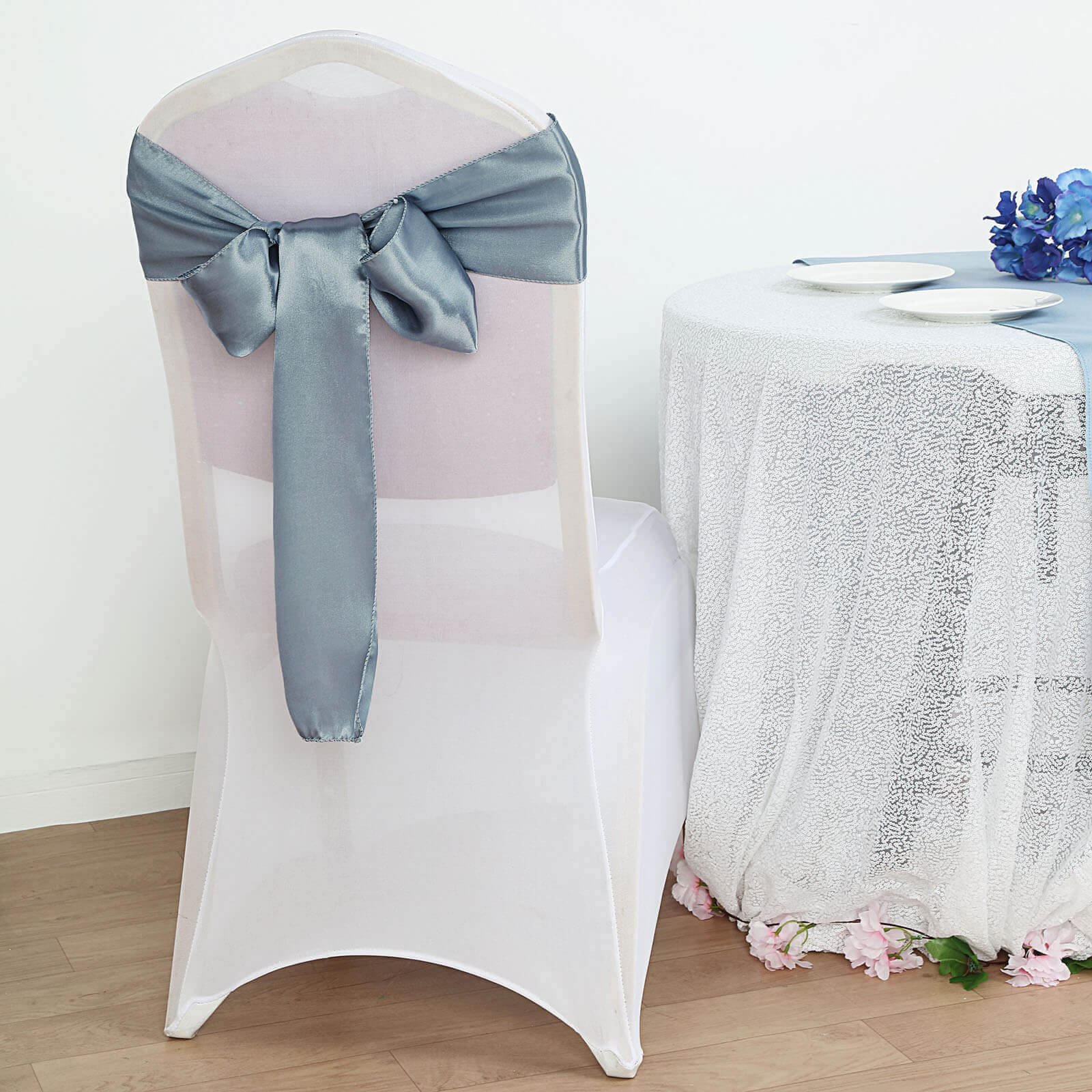 5 Pack Satin Chair Sashes Dusty Blue - Durable Chair Bows with Shiny Finish 6x106