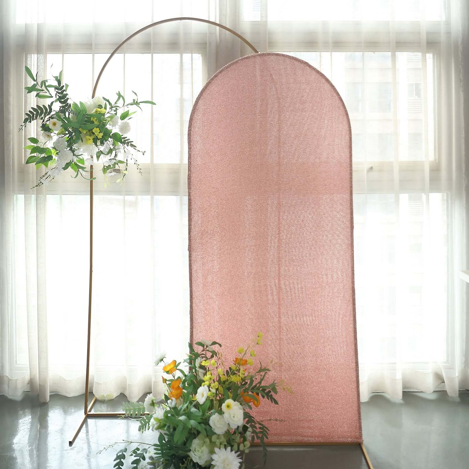6ft Rose Gold Shimmer Tinsel Spandex Chiara Backdrop Stand Cover For Fitted Round Top Wedding Arch