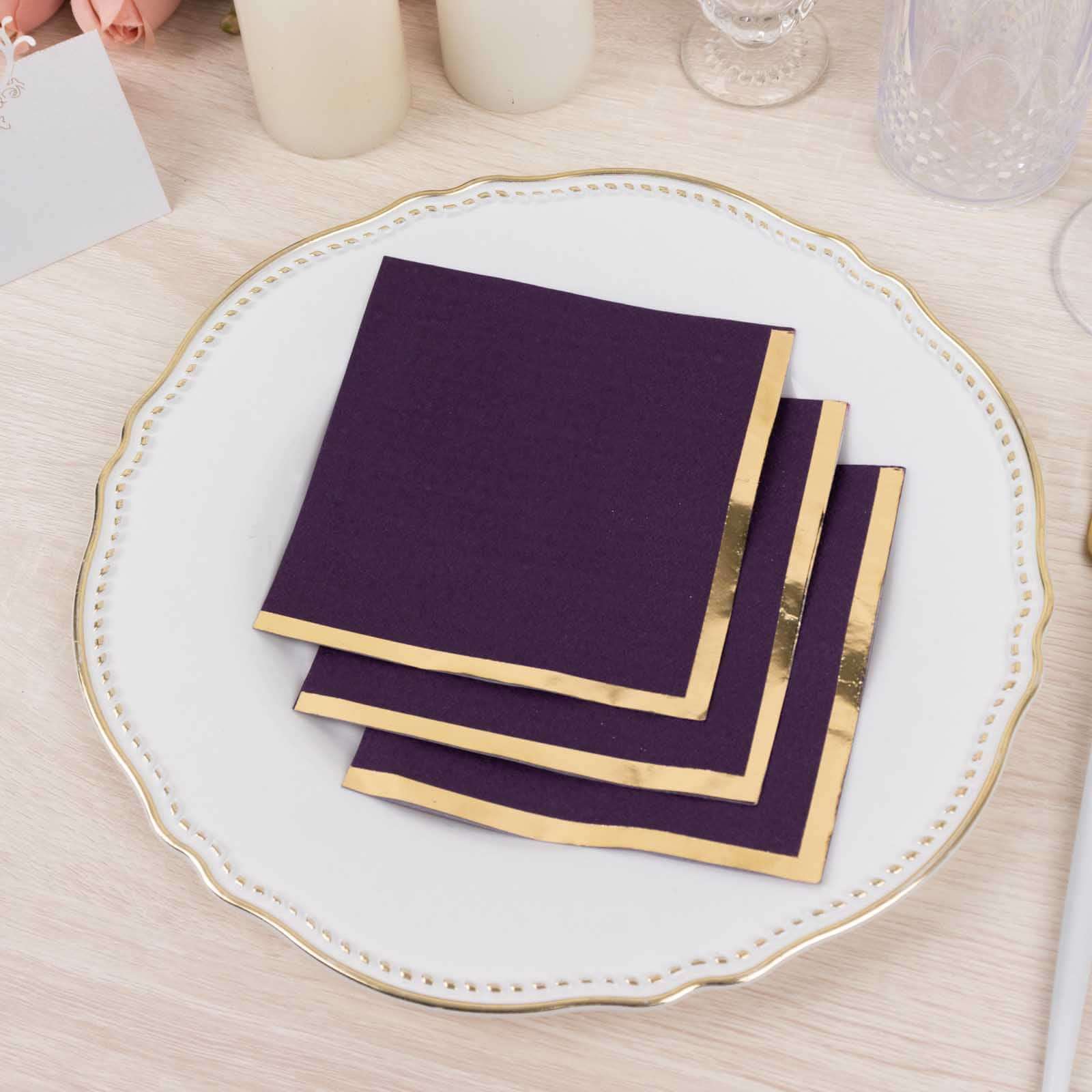 50-Pack Paper Beverage Napkins Purple with Gold Foil Edge - 2 Ply Disposable Soft 18GSM Cocktail Napkins 5x5