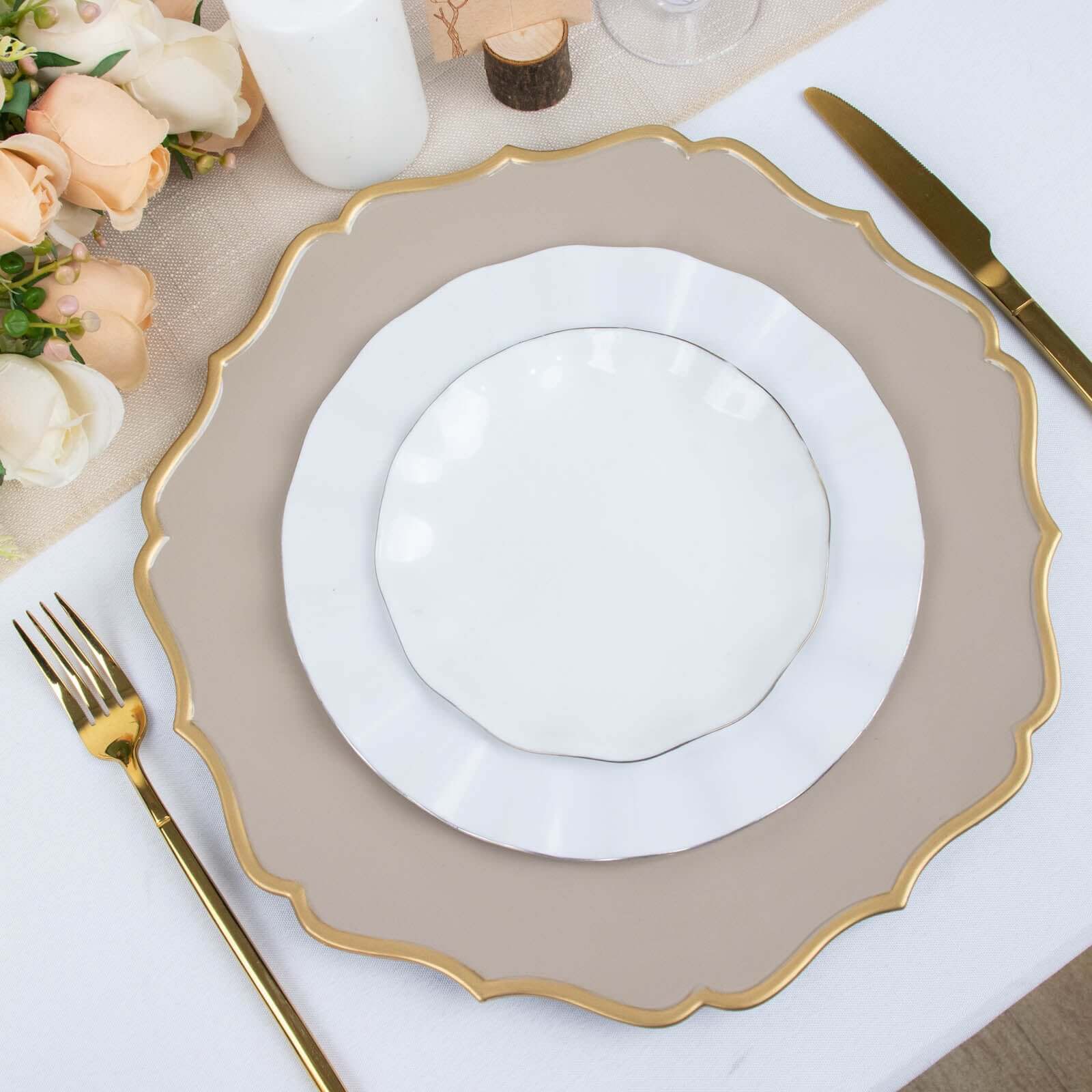 6-Pack Acrylic Round Charger Plates 13 in Taupe with Gold Scalloped Rim, Decorative Dinner Party Plastic Charger Tableware