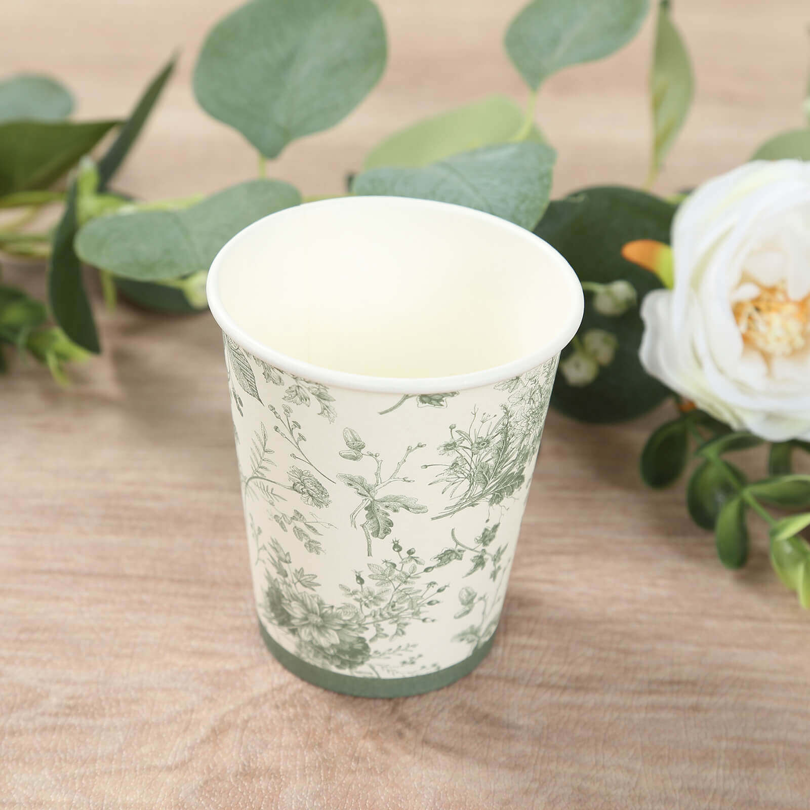 24-Pack Paper Cups White with Sage Green French Toile Print - Stylish Disposable Floral Party Cups for Hot & Cold Beverages 9oz
