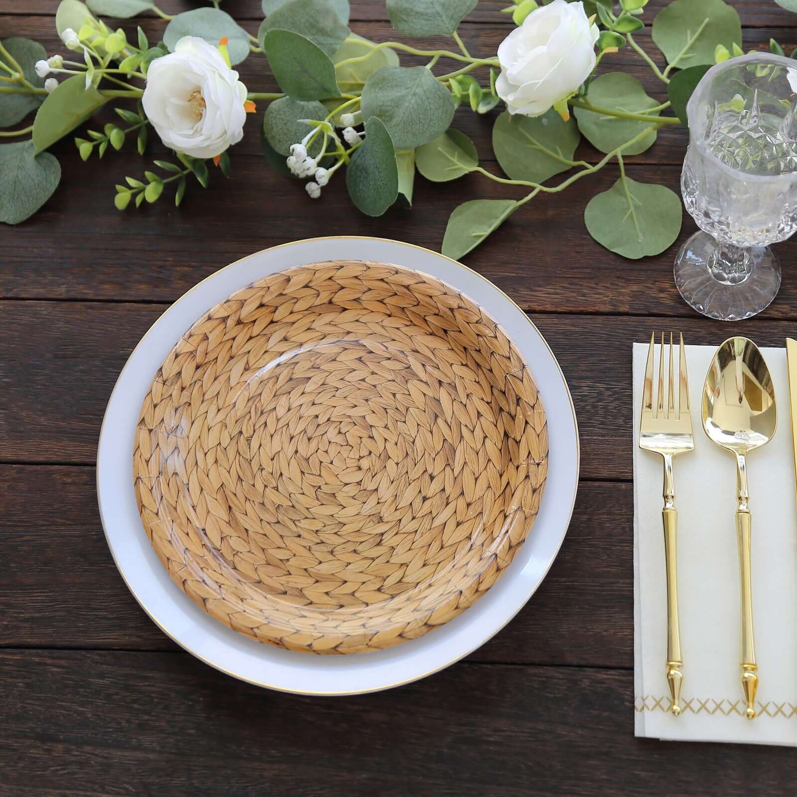 25-Pack Paper 9 Round Dinner Plates Natural with Woven Rattan Print - Rustic Farmhouse Disposable 300GSM Party Plates for Country Chic Celebrations