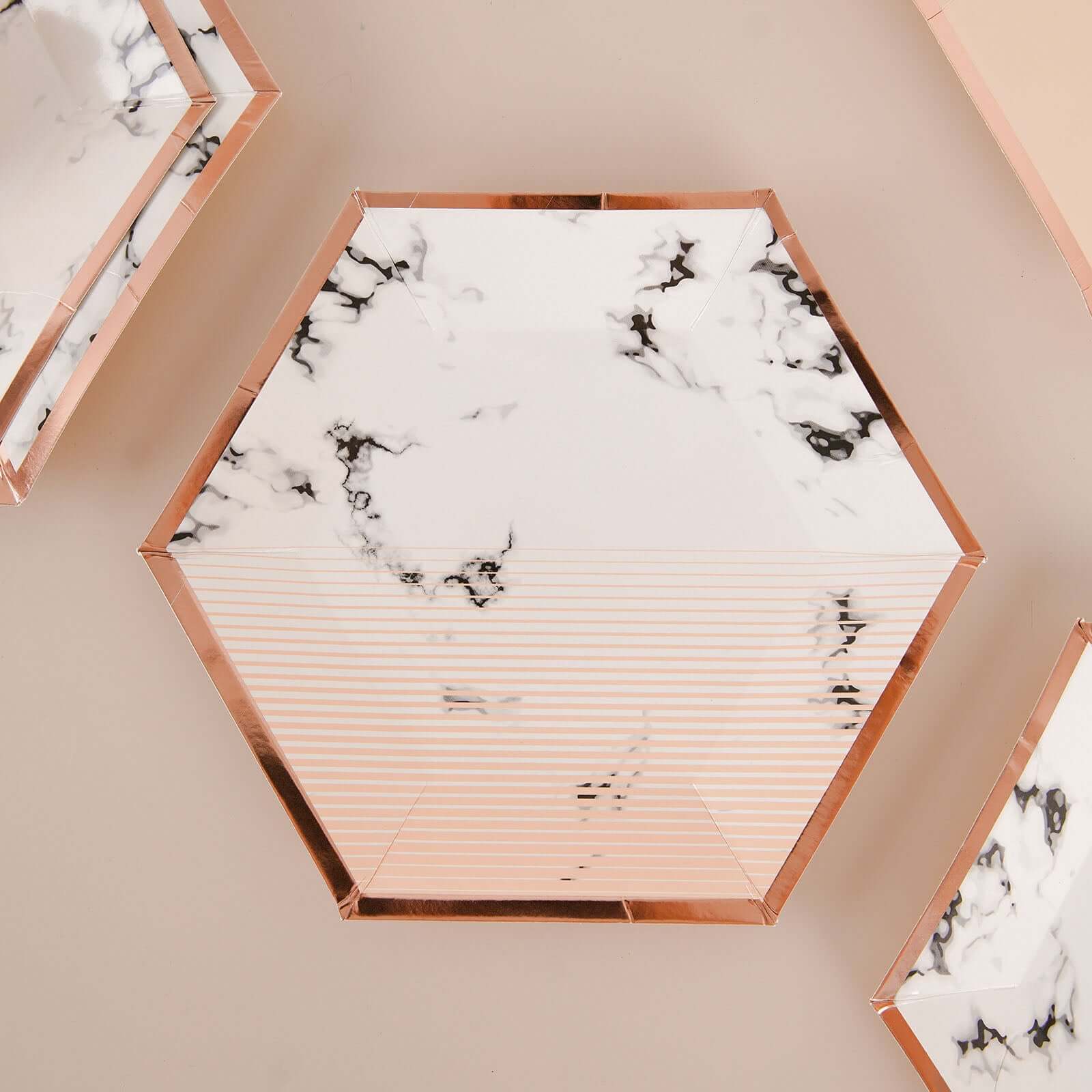 50-Pack Paper Hexagon Dinner and Dessert Plates in Blush with Marble Design & Rose Gold Foil Rim - Chic Disposable Geometric Party Plates Set for 25 Guests 8, 10