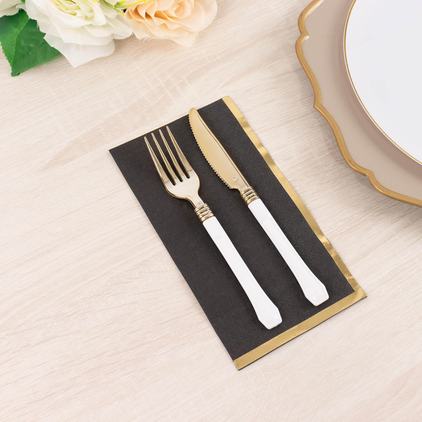 50-Pack Paper Dinner Napkins Black with Gold Foil Edge 2 Ply - Stylish Disposable Napkins for Parties