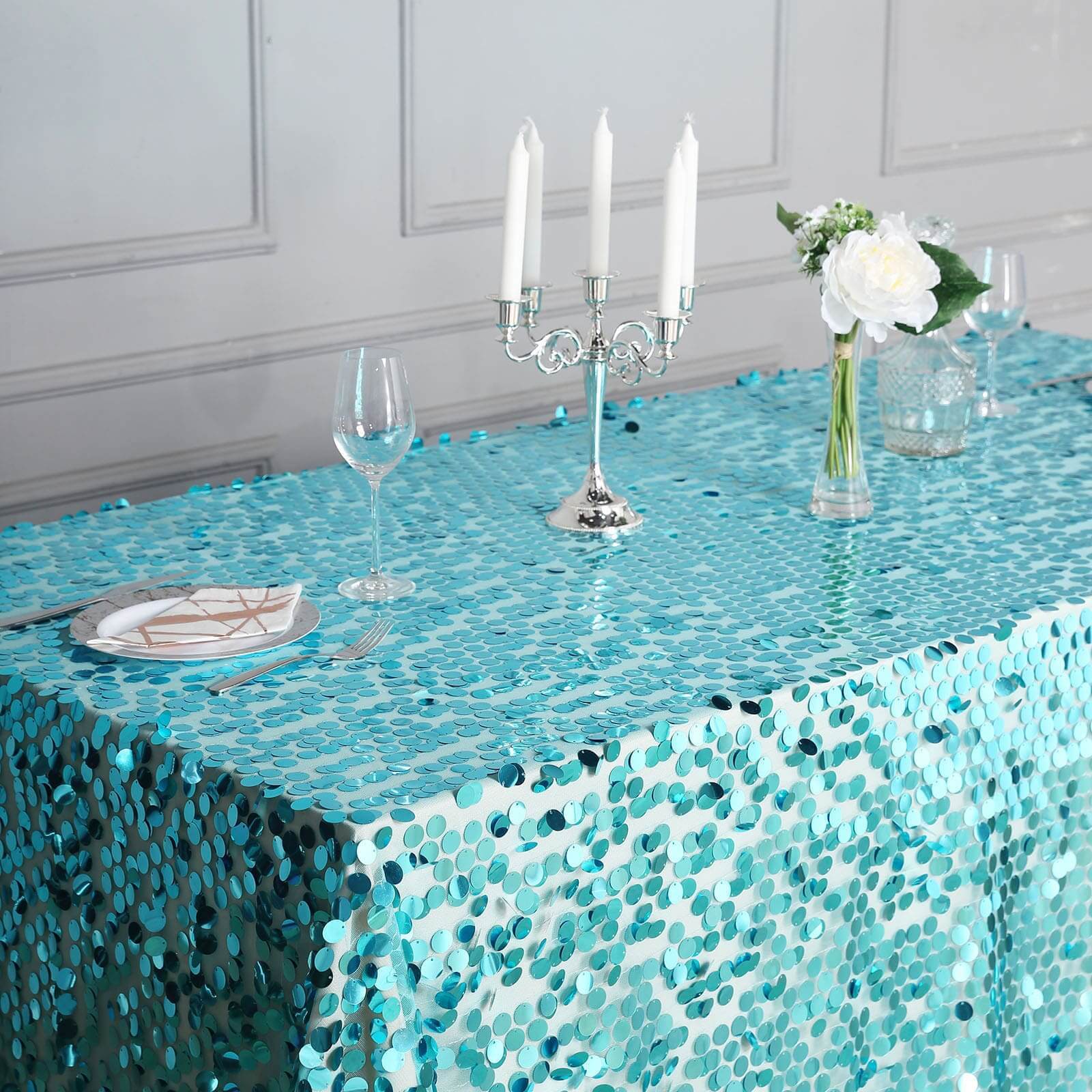 Sequin 90x132 Rectangle Tablecloth Turquoise - Seamless Big Payette Table Cover