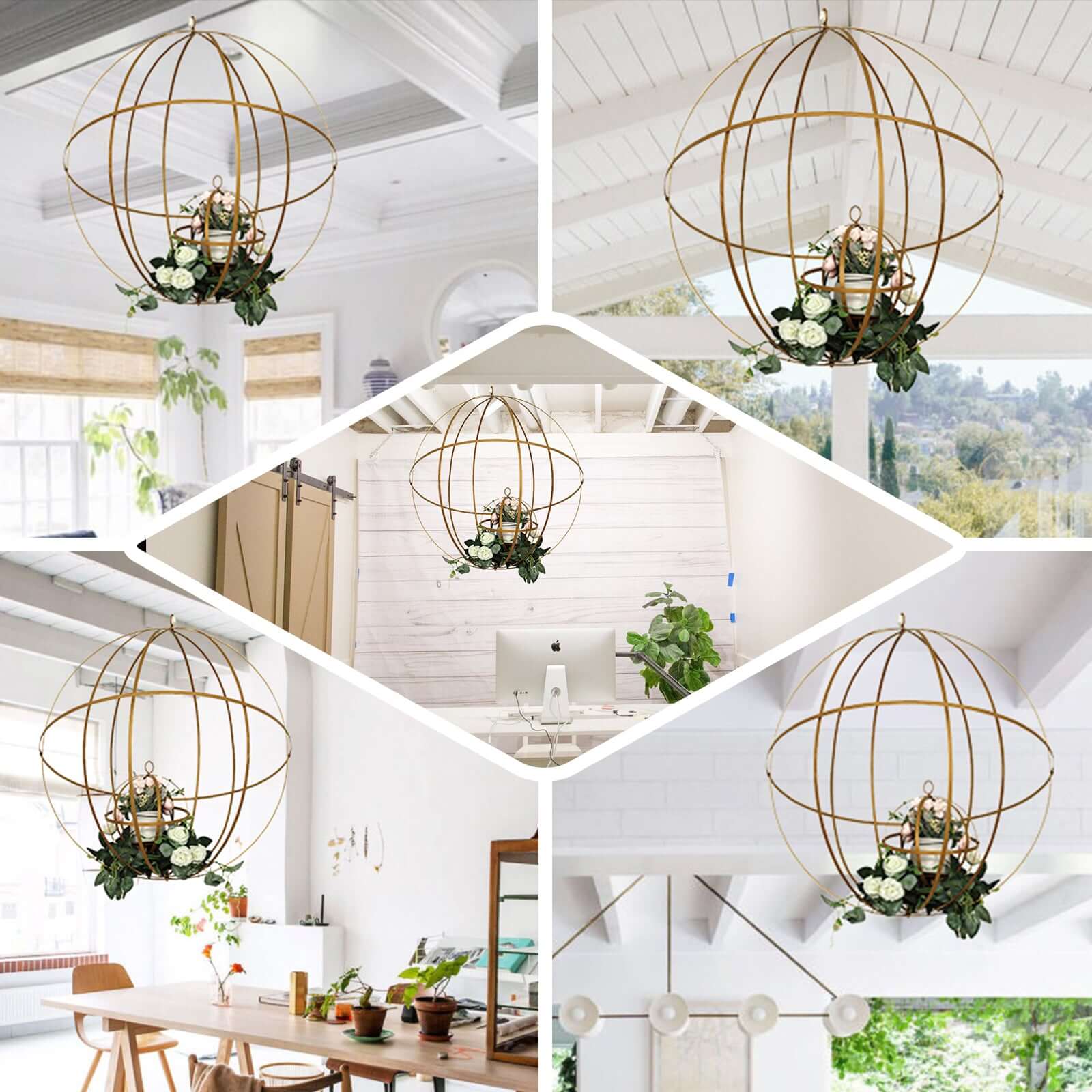 Hanging Sphere Candle Holder Gold Wrought Iron Open Frame Floral Display - Centerpiece Ball 12