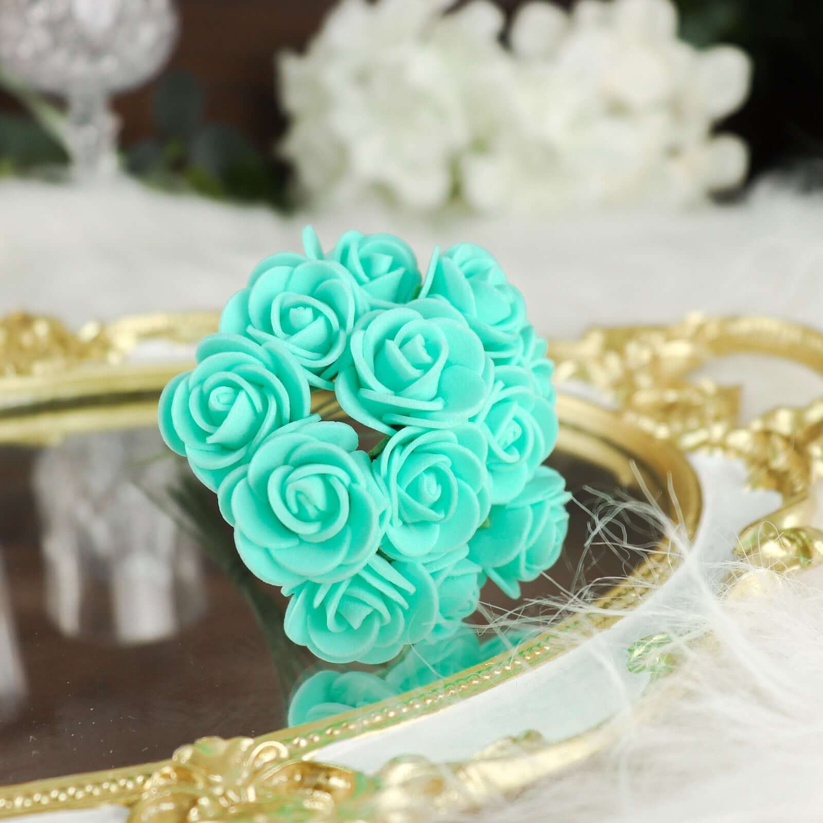 48 Roses 1 Turquoise Real Touch Artificial DIY Foam Rose Flowers With Stem, Craft Rose Buds