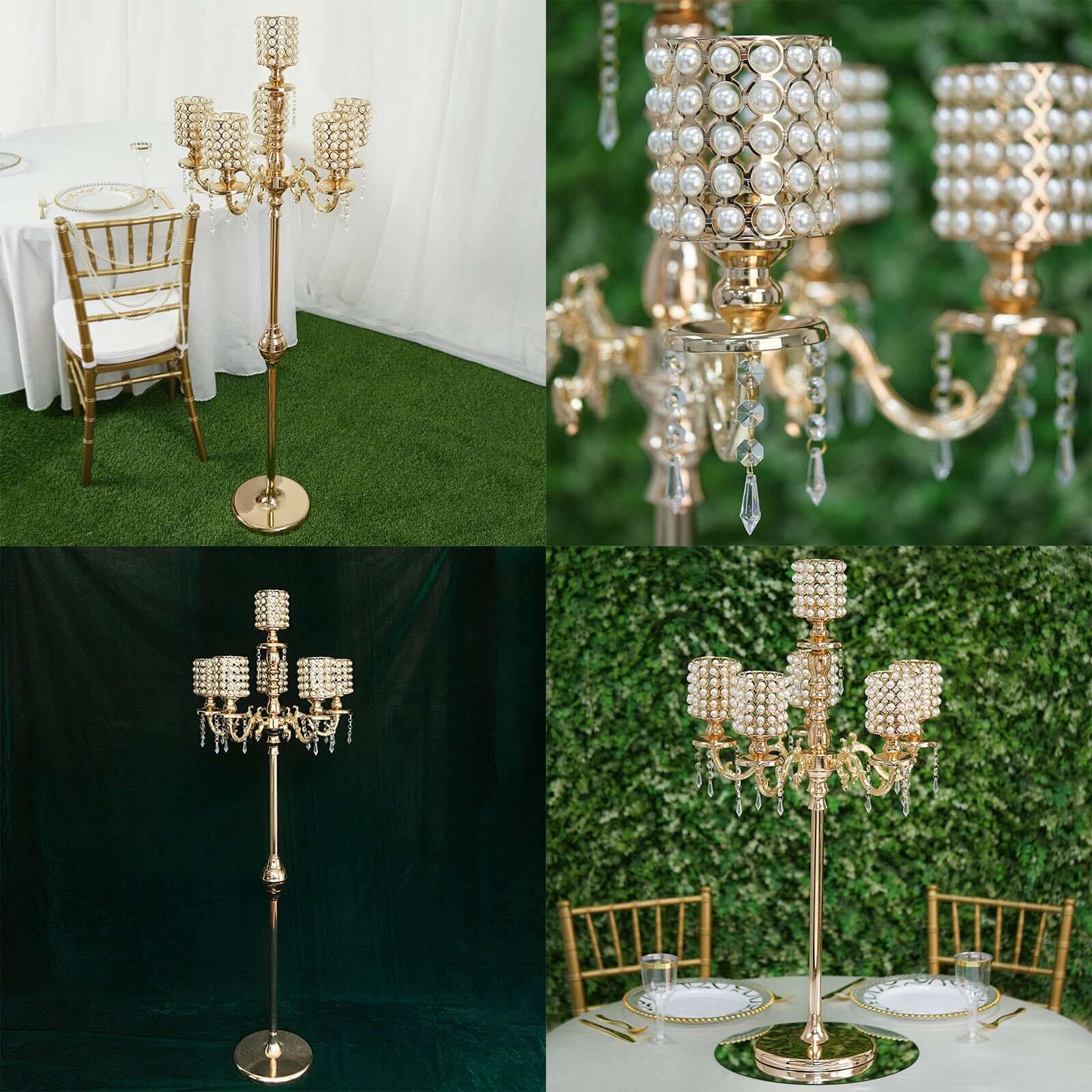 Metal Pearl Beaded Candelabra in Gold 6-Arm - Stylish Table Centerpiece with Crystal Chandelier Pendants