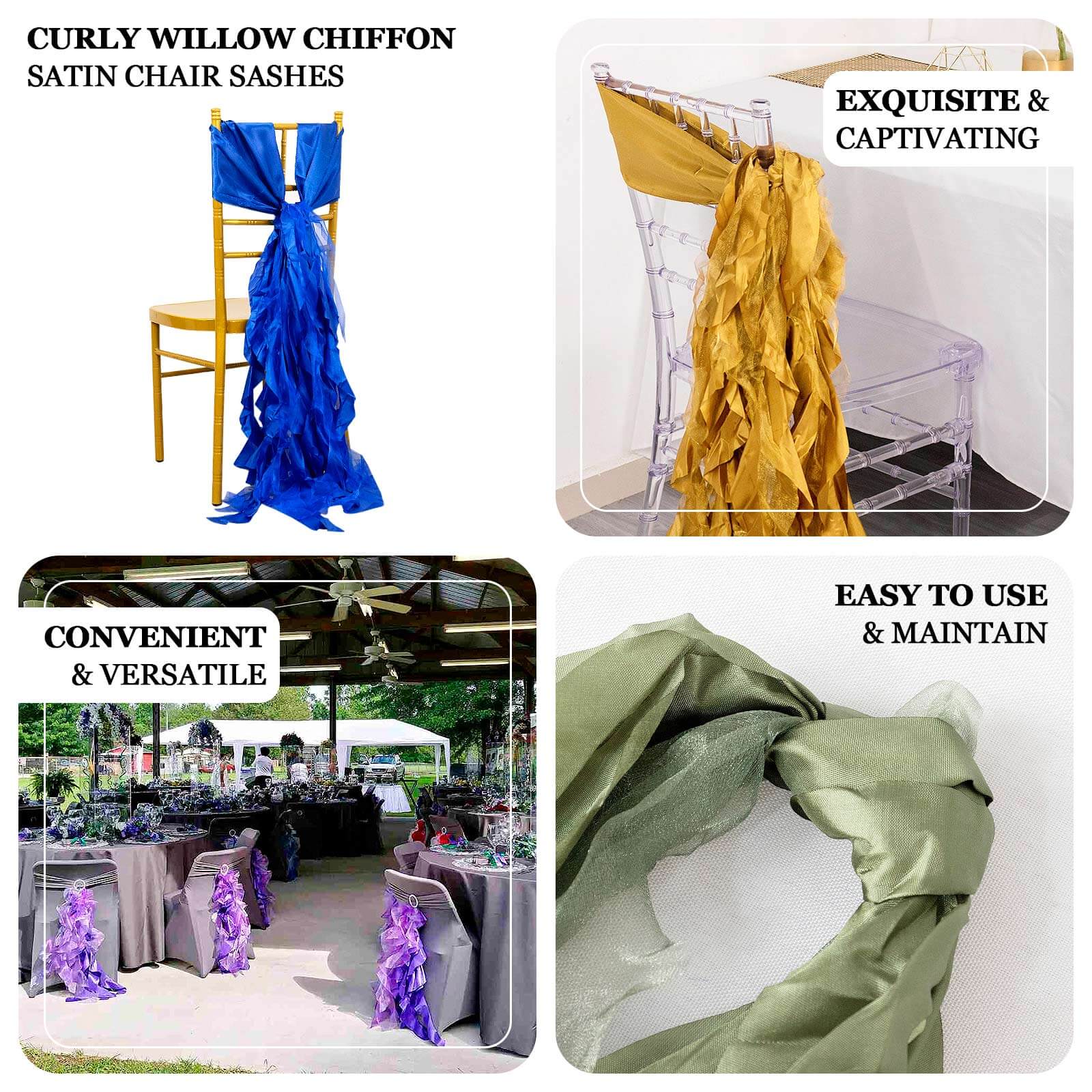 5 Pack Chiffon Satin Chair Sashes Silver - Easy to Install Ruffled Curly Willow