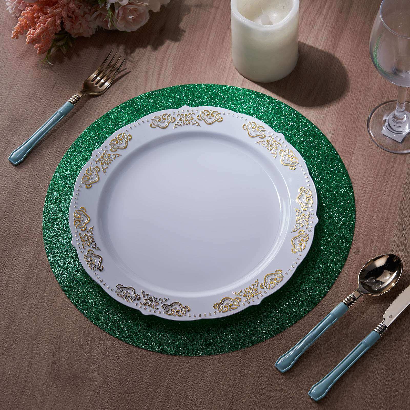 6-Pack Placemats Glitter Design Green Sparkle Round - Non-Slip Decorative Dining Table Mats 13