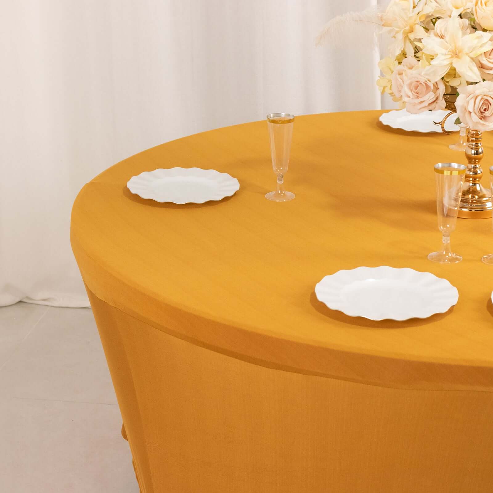 Stretch Spandex 6ft Round Tablecloth Gold - Durable Form-Fitting Table Cover for Events & Presentations