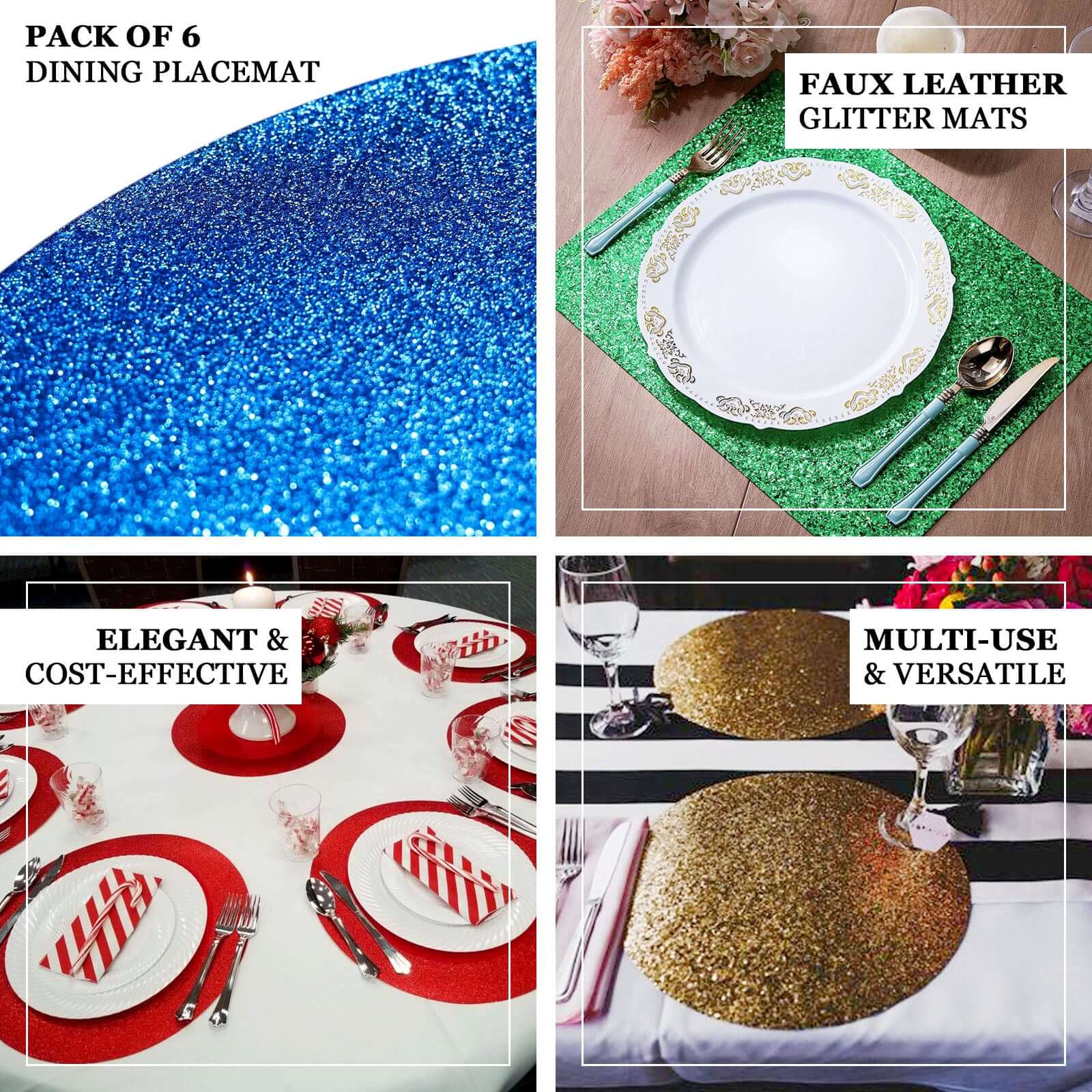 6-Pack Placemats Glitter Design Iridescent Sparkle Round - Non-Slip Decorative Dining Table Mats 13