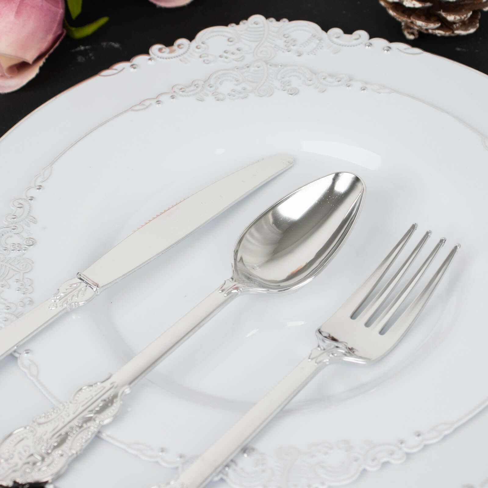 72 Pcs Plastic Silverware Set in Baroque Style Metallic Silver - Heavy Duty Disposable Knife, Fork, and Spoon Set