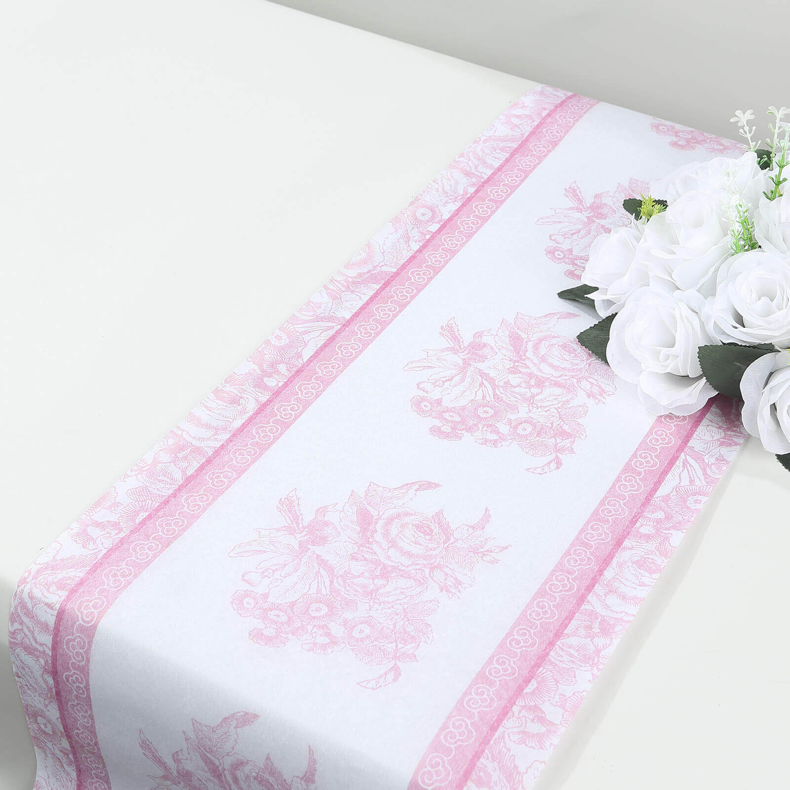 5 Pack Disposable Table Runners 11x108 White with Pink Floral Pattern - Non-woven Stylish Kitchen Dining Table Decor