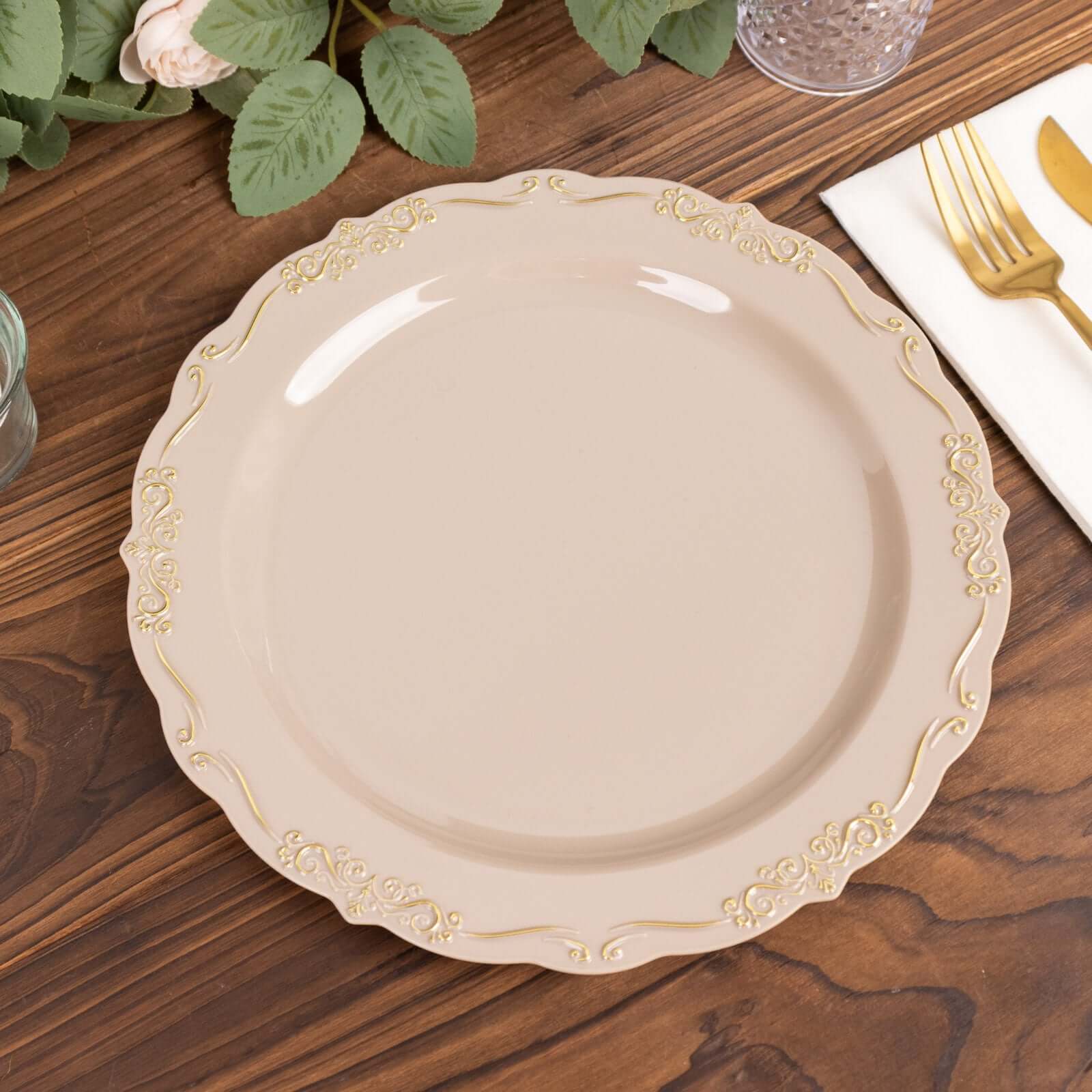 10-Pack Plastic 10 Round Dinner Plates in Taupe with Gold Vintage Embossed Rim - Sturdy Disposable Scalloped Edge Party Plates