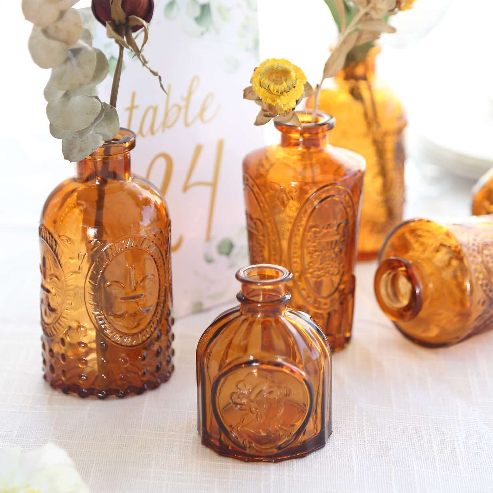 Set of 6 Embossed Glass Bud Vases Vintage Amber Gold - Apothecary Style Decorative Table Centerpieces