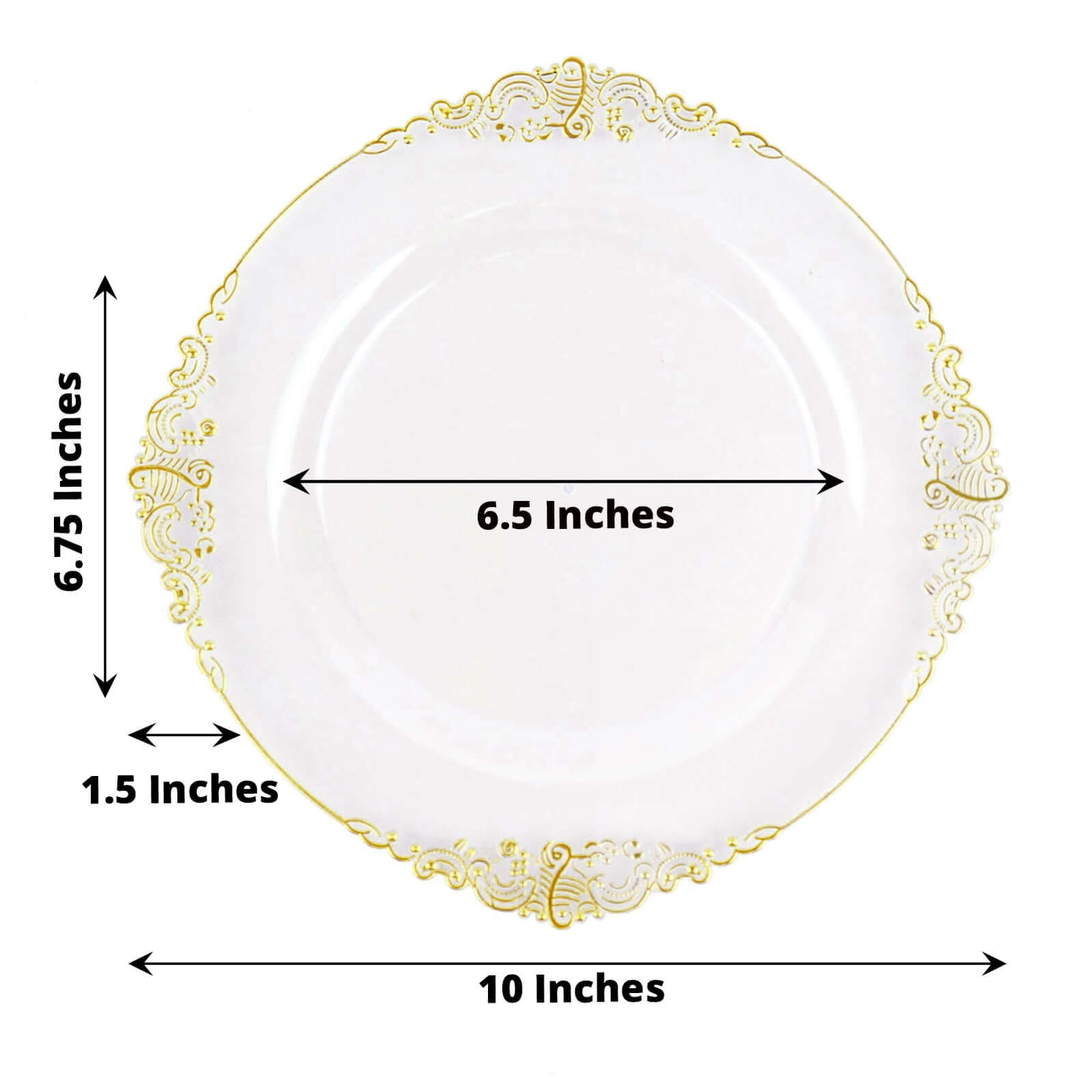 10-Pack Plastic 10 Round Dinner Plates in Clear with Gold Leaf Embossed Rim - Disposable Vintage Baroque Style Plates