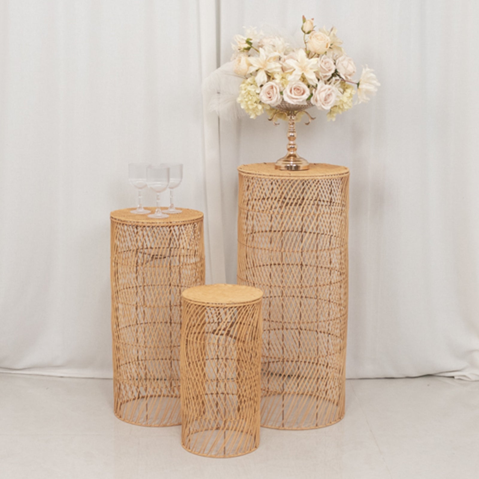 Set of 3 Natural Woven Rattan Wicker Pedestal Stand Floor Lamp Shades with Wave Pattern, Rustic Farmhouse Cylinder Display Stands With Plug In Light Cord - 19,27,33