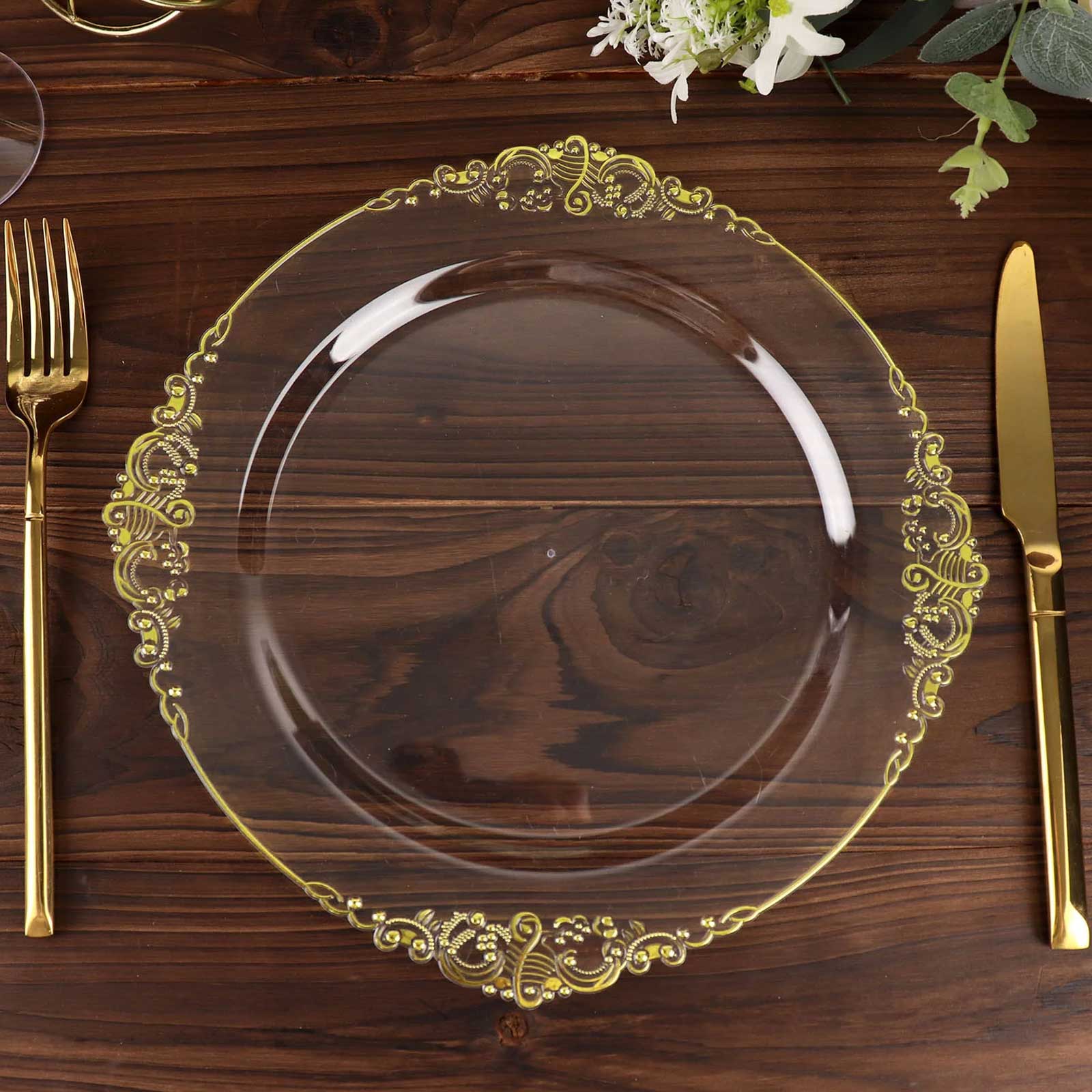 10-Pack Plastic 10 Round Dinner Plates in Clear with Gold Leaf Embossed Rim - Disposable Vintage Baroque Style Plates