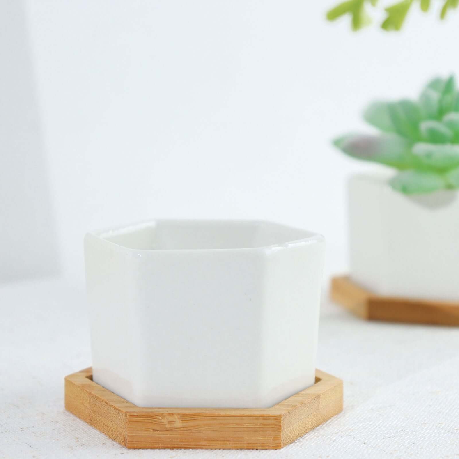 6-Pack Planter Pots Geometric Hexagon Design White - Ceramic Pots with Bamboo Tray and Removable Bottom 3