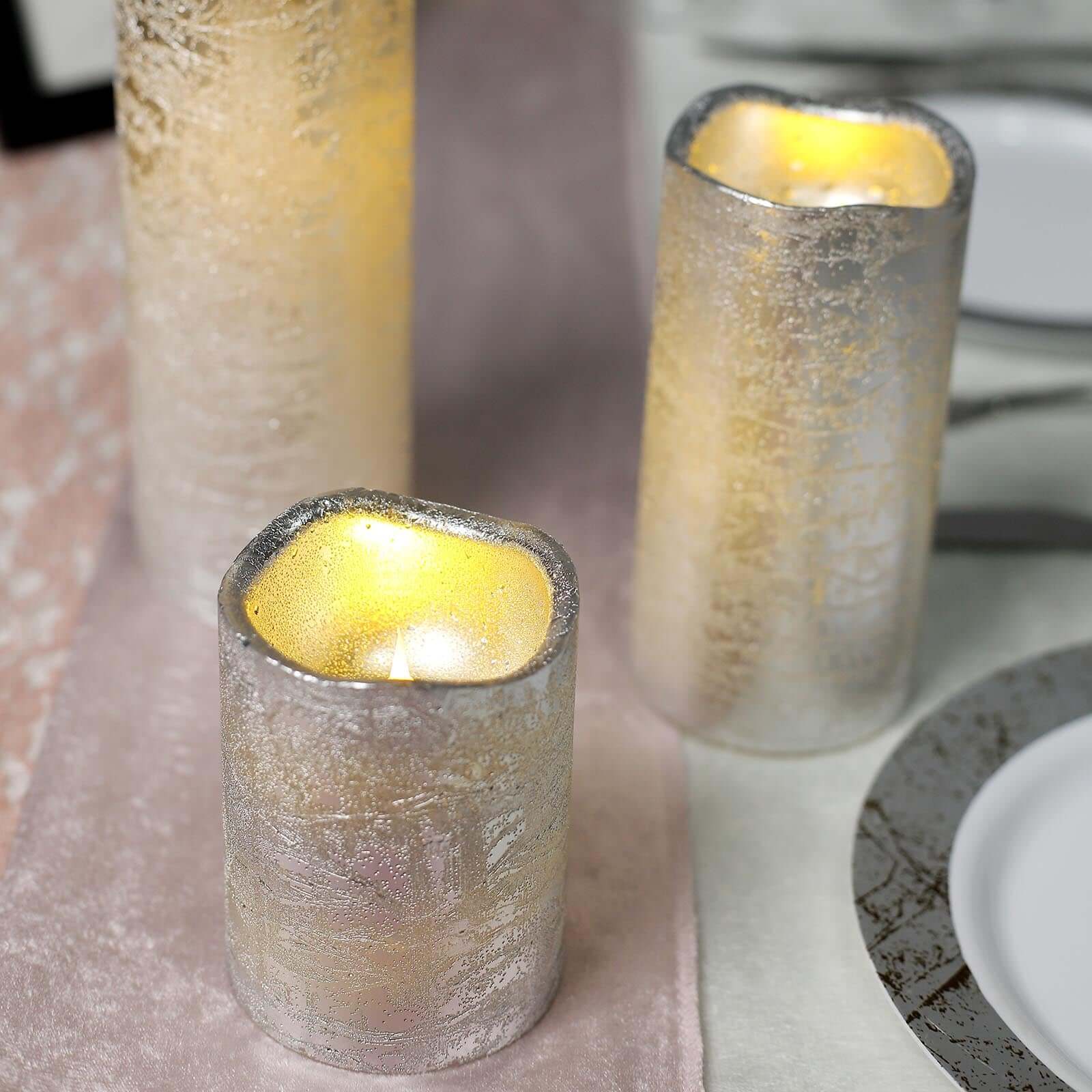 Set of 3 LED Flameless Pillar Candles Remote Operated Metallic Silver - Battery Powered 4, 6, 8