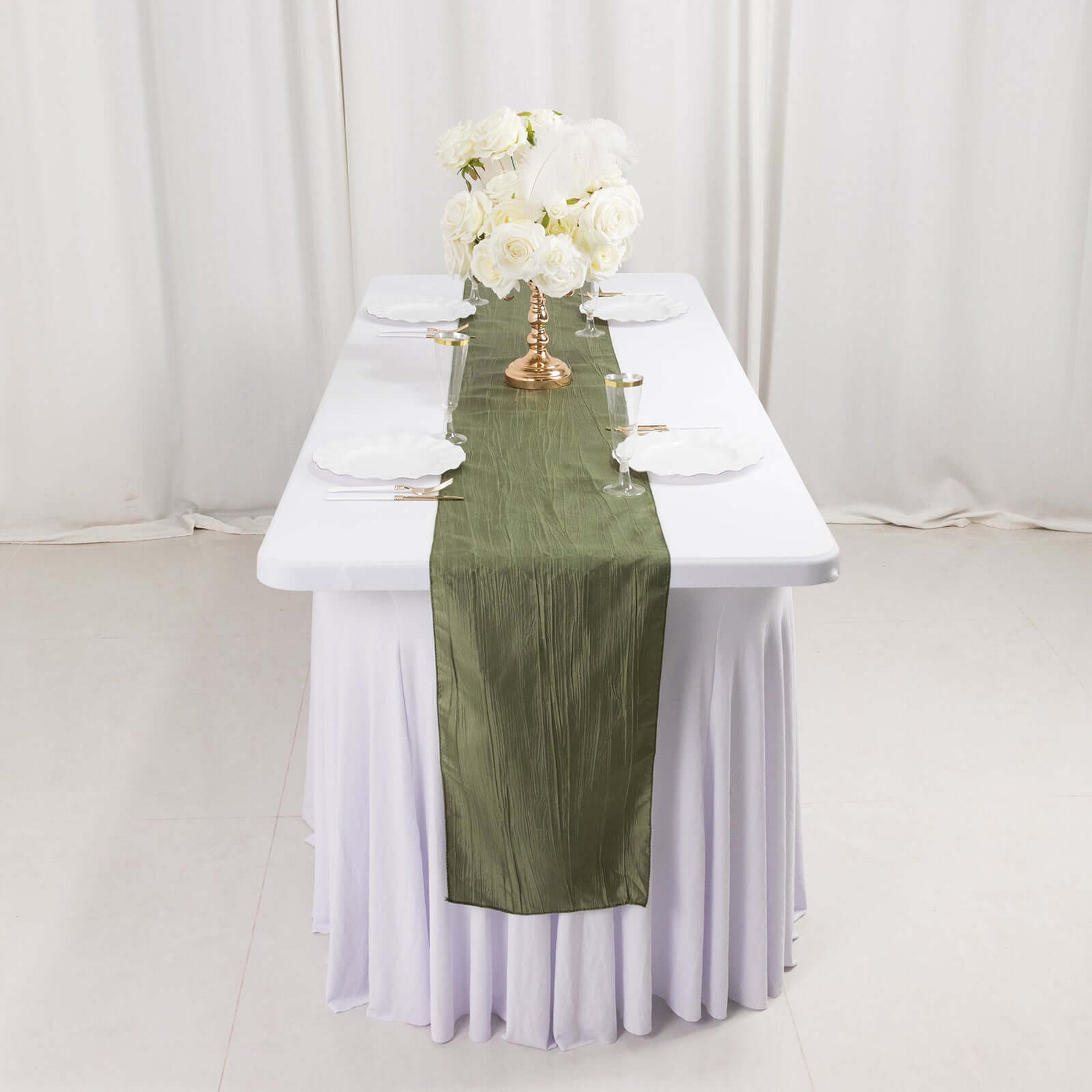 Taffeta 12x108 Table Runner Dusty Sage Green - Accordion Crinkle Design