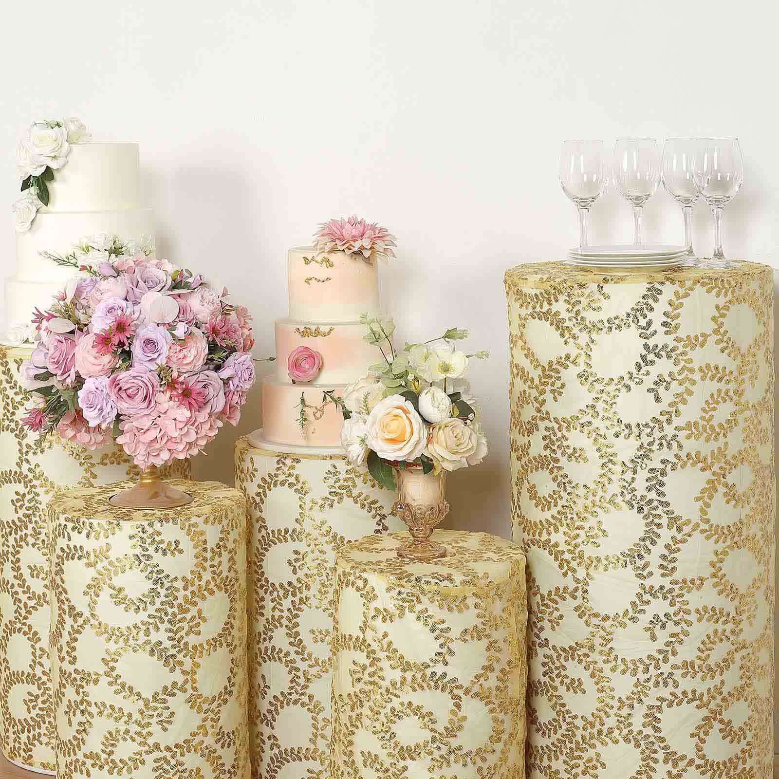 Set of 5 Gold Sequin Mesh Cylinder Pedestal Stand Covers with Leaf Vine Embroidery, Sparkly Sheer Tulle Pillar Prop Covers