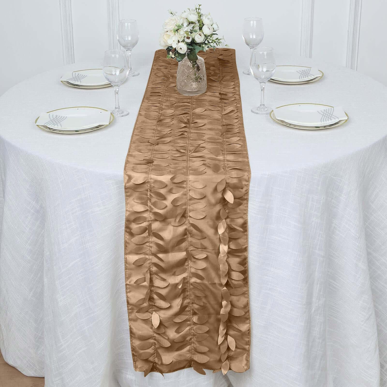 Taffeta Fabric 12x108 Table Runner Taupe - 3D Leaf Petal Design