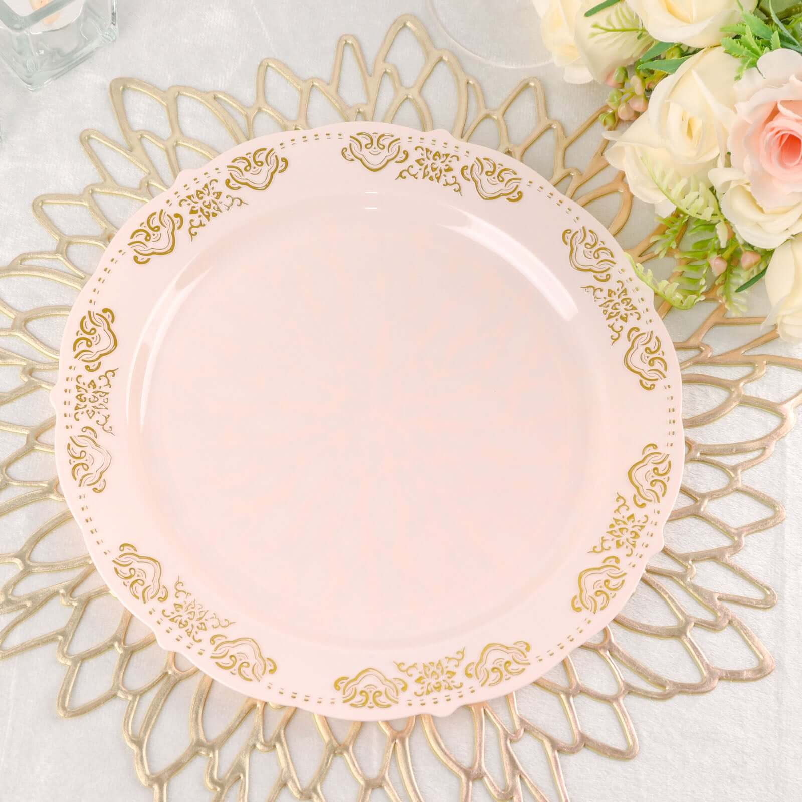 10-Pack Plastic 10 Round Dinner Plates in Blush with Gold Embossed Scalloped Edge - Chic Disposable Party Plates for Special Occasions & Banquets