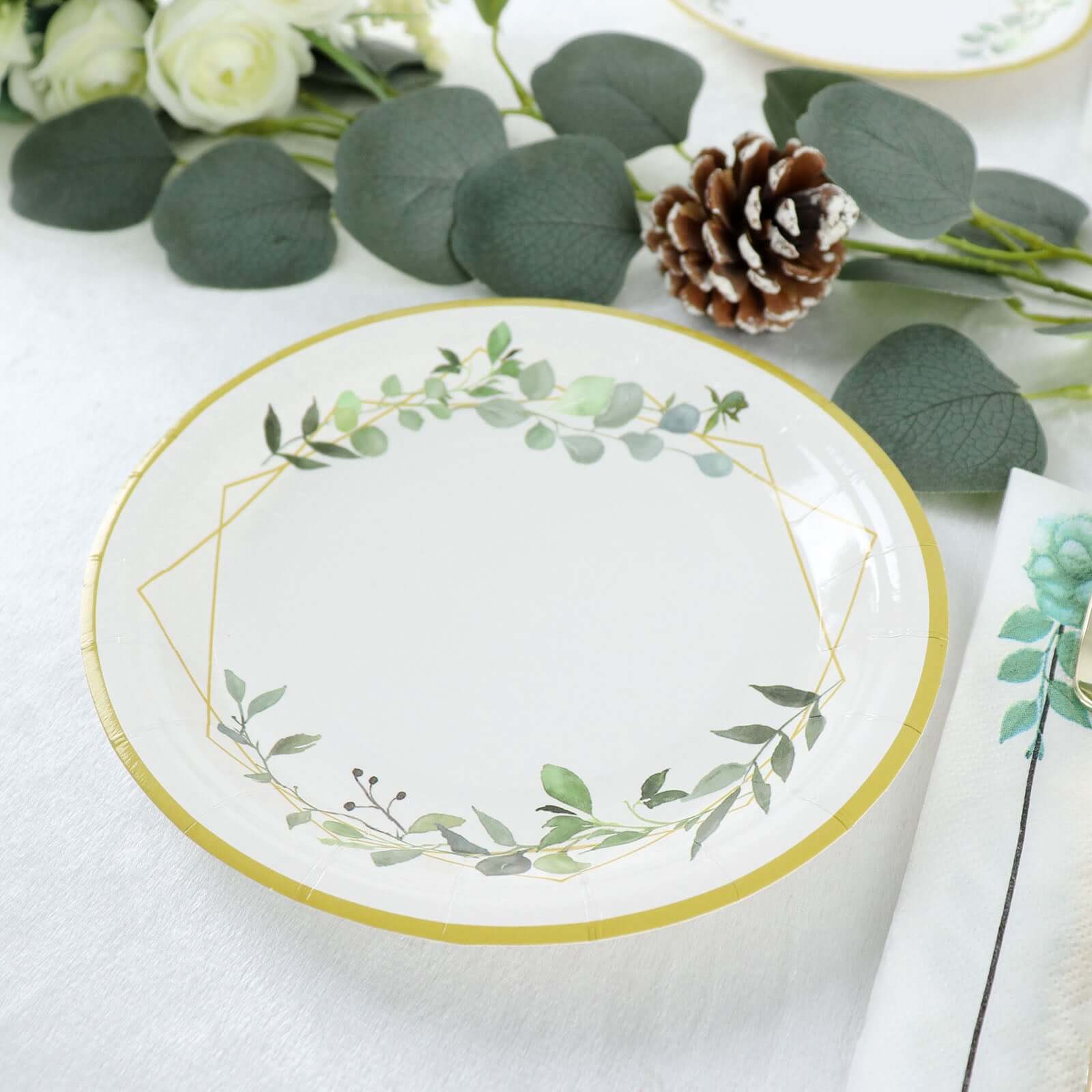 24-Pack Paper 7 Round Dessert Plates in White with Eucalyptus Leaves & Gold Rim - Disposable 300GSM Salad Plates for Garden Weddings & Celebrations