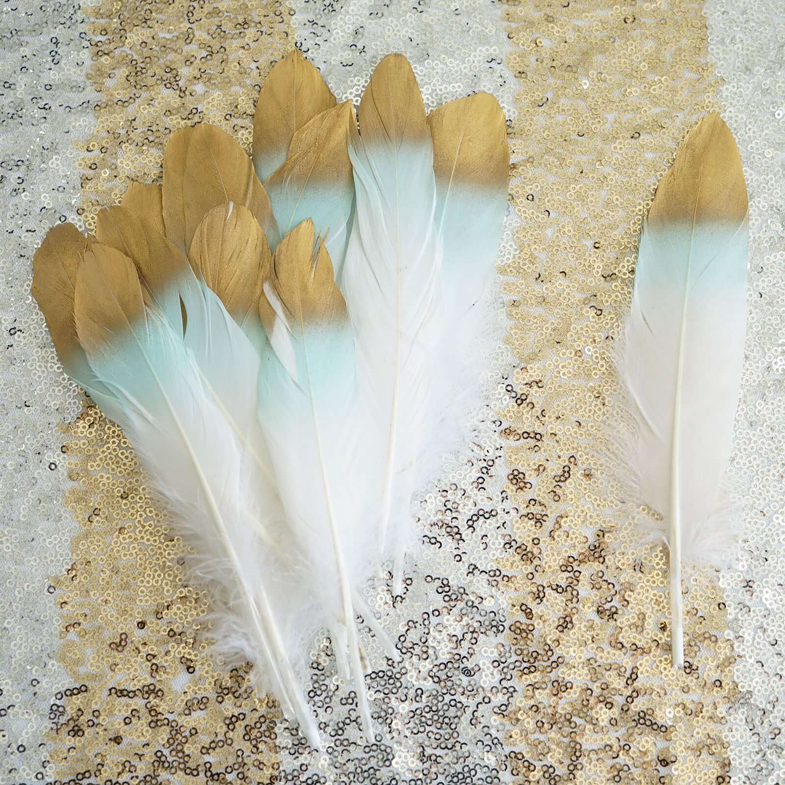 30-Pack Goose Feathers Craft Feathers Metallic Gold Tip Dual Tone Mint White - Decorative Feathers for DIY Projects