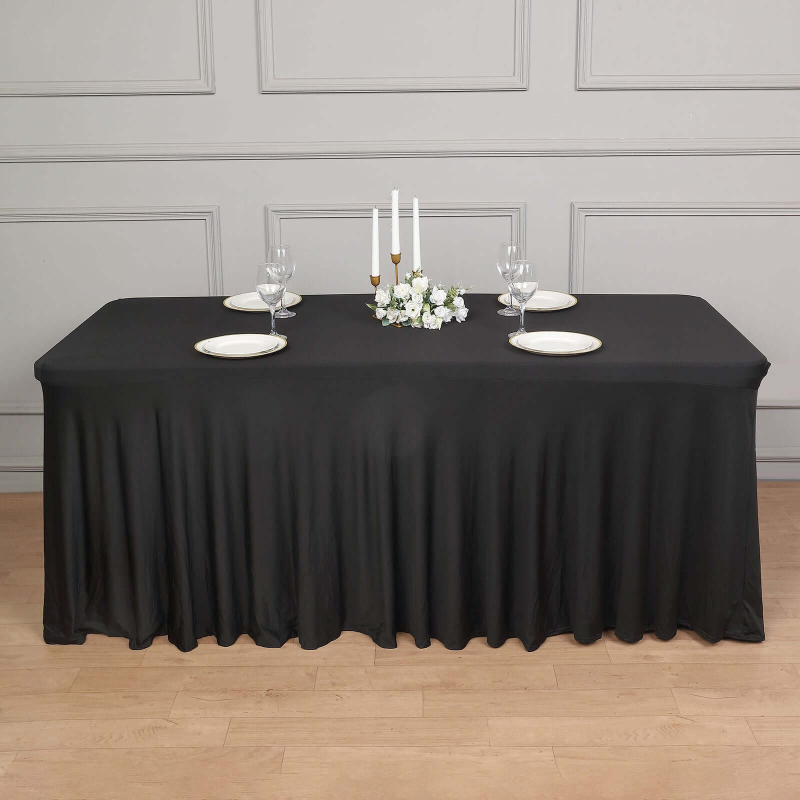 Spandex Rectangle 72x30 Table Skirt Black with Wavy Skirt-Like Effect Table Cover