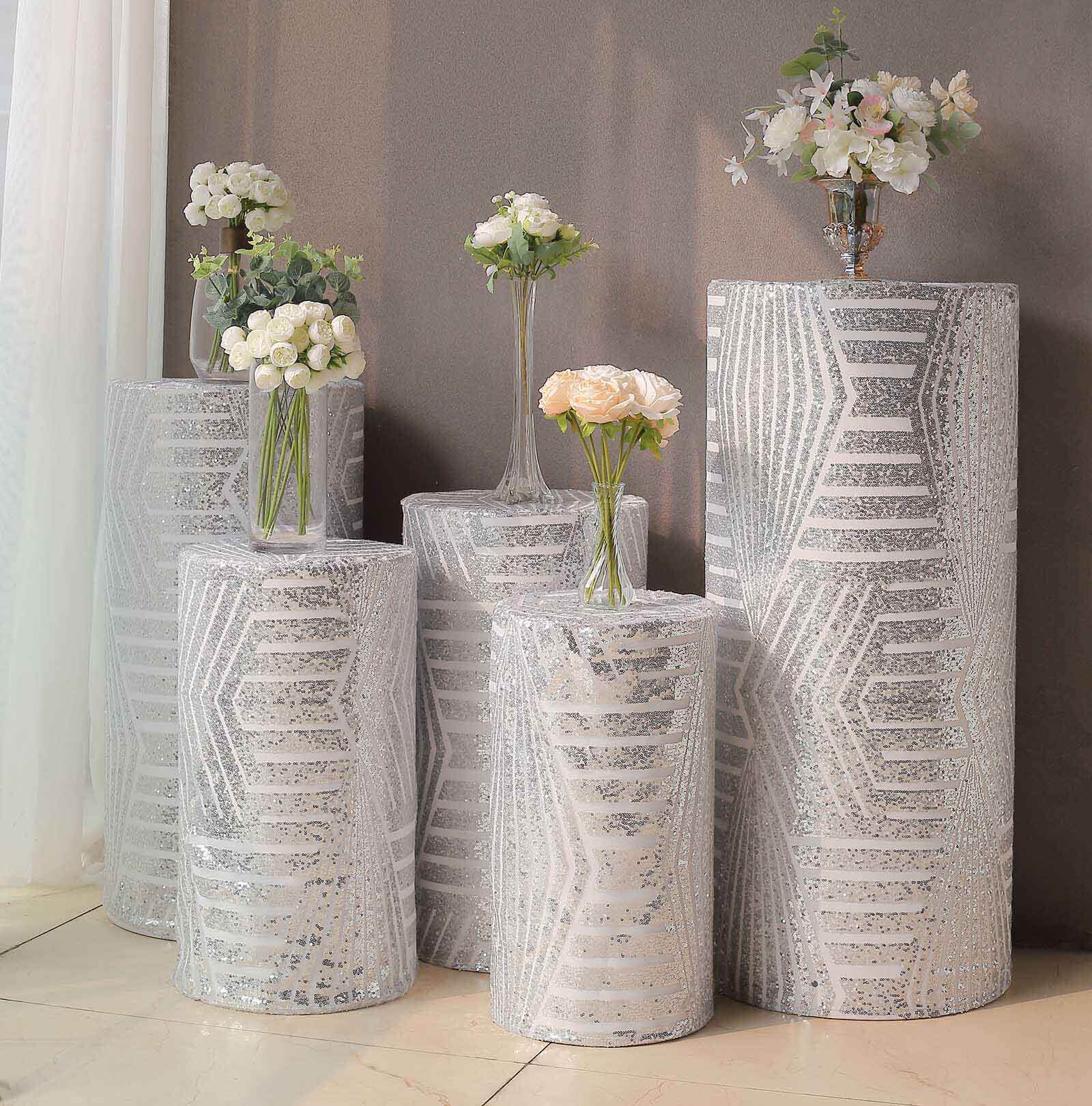 Set of 5 Silver Sequin Mesh Cylinder Pedestal Stand Covers with Geometric Pattern Embroidery, Sparkly Sheer Tulle Pillar Prop Covers