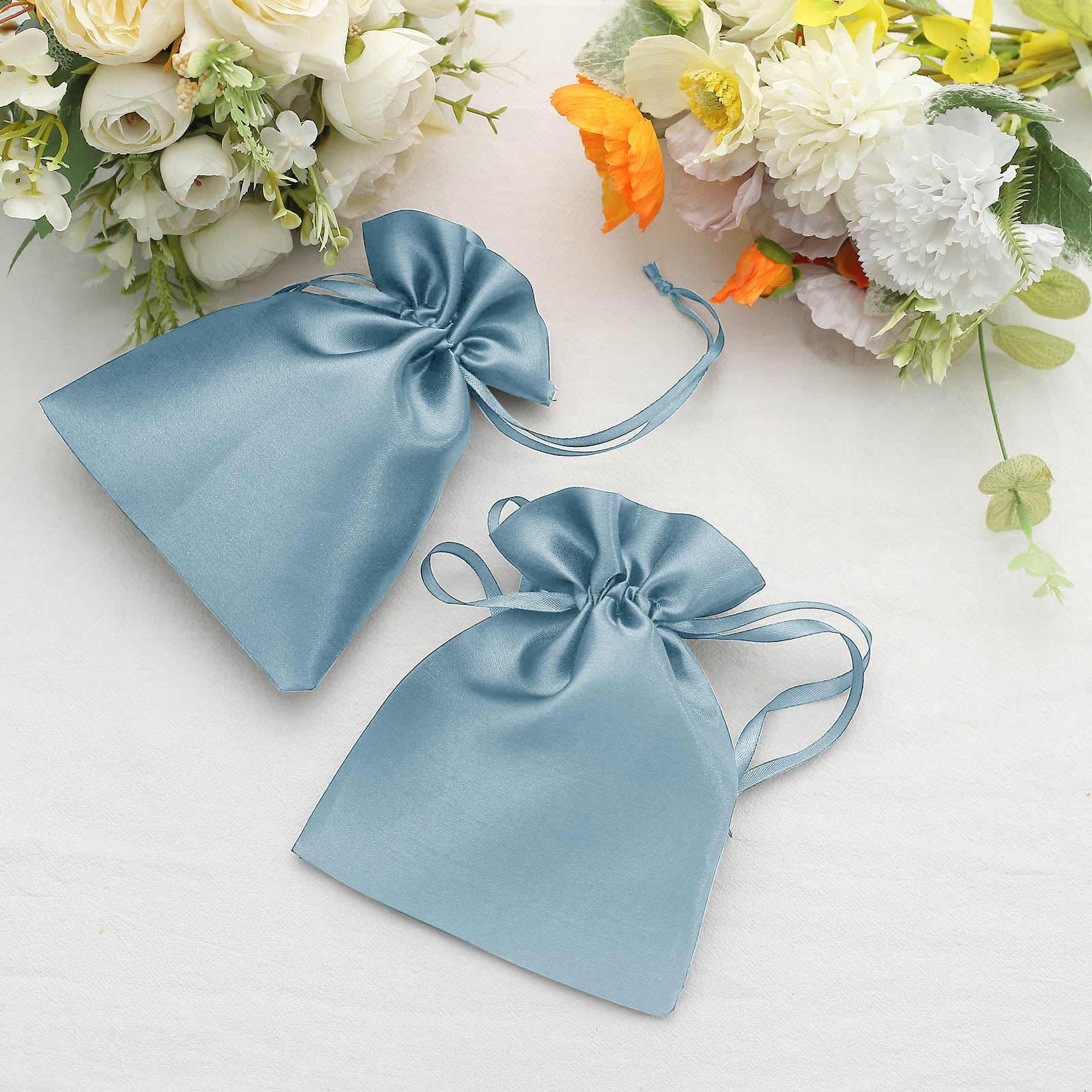 12 Pack 5x7 Dusty Blue Satin Drawstring Wedding Party Favor Gift Bags