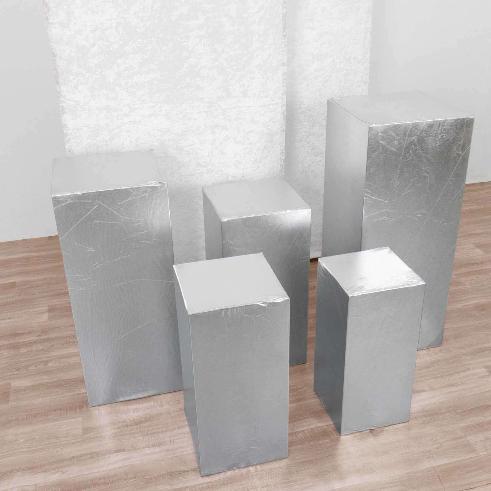 Set of 5 Metallic Silver Spandex Rectangle Pedestal Stand Covers, Stretchable Pillar Prop Covers - 160 GSM