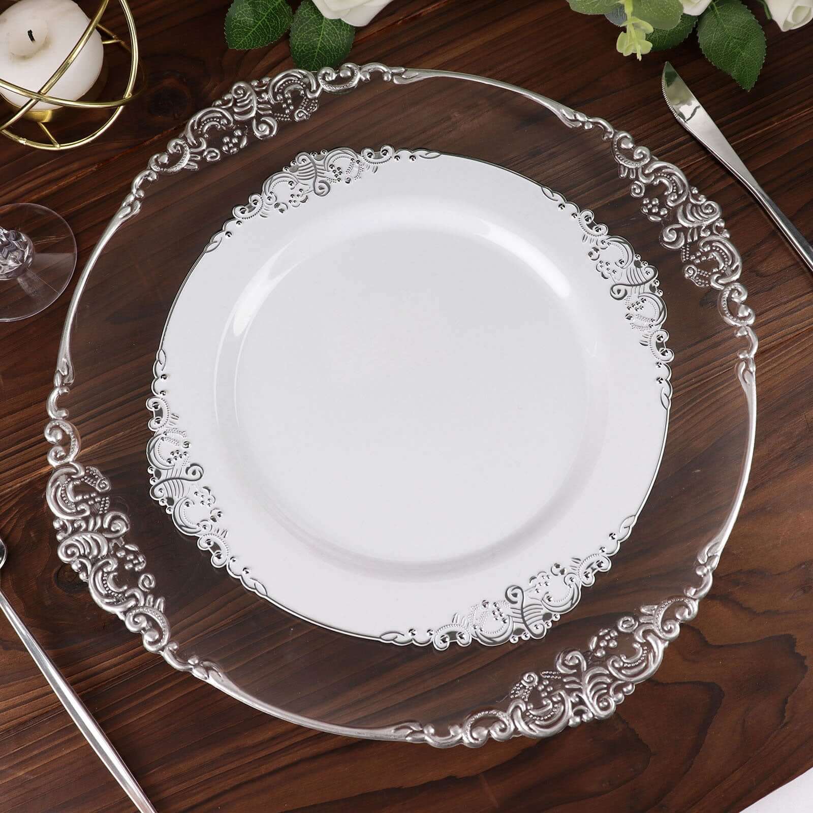 10-Pack Plastic 10 Round Dinner Plates in White with Silver Leaf Embossed Rim - Disposable Vintage Baroque Style Plates