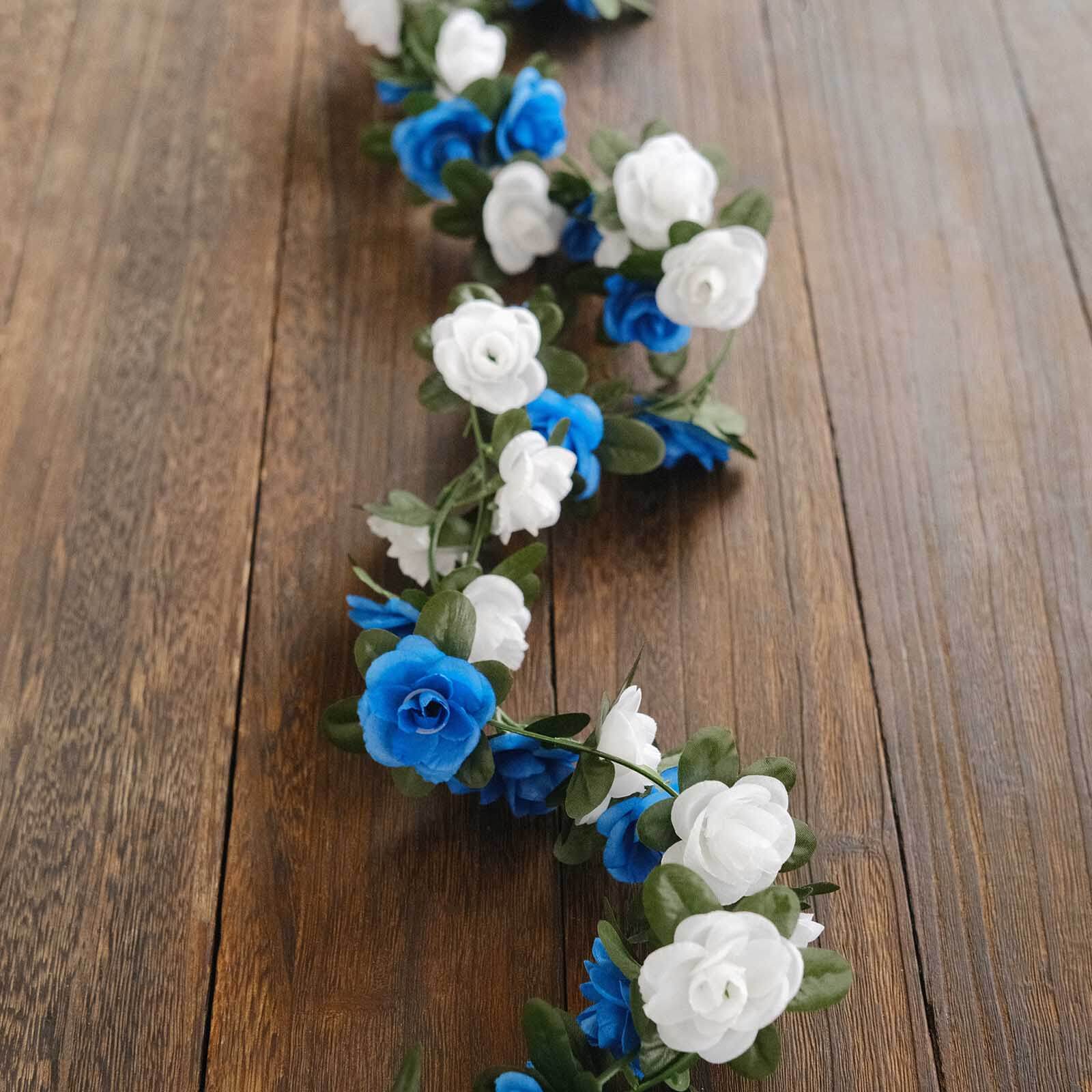 2 Pack 8ft White Royal Blue Artificial Silk Flower Garland Mini Rose Vines with 45 Flower Heads