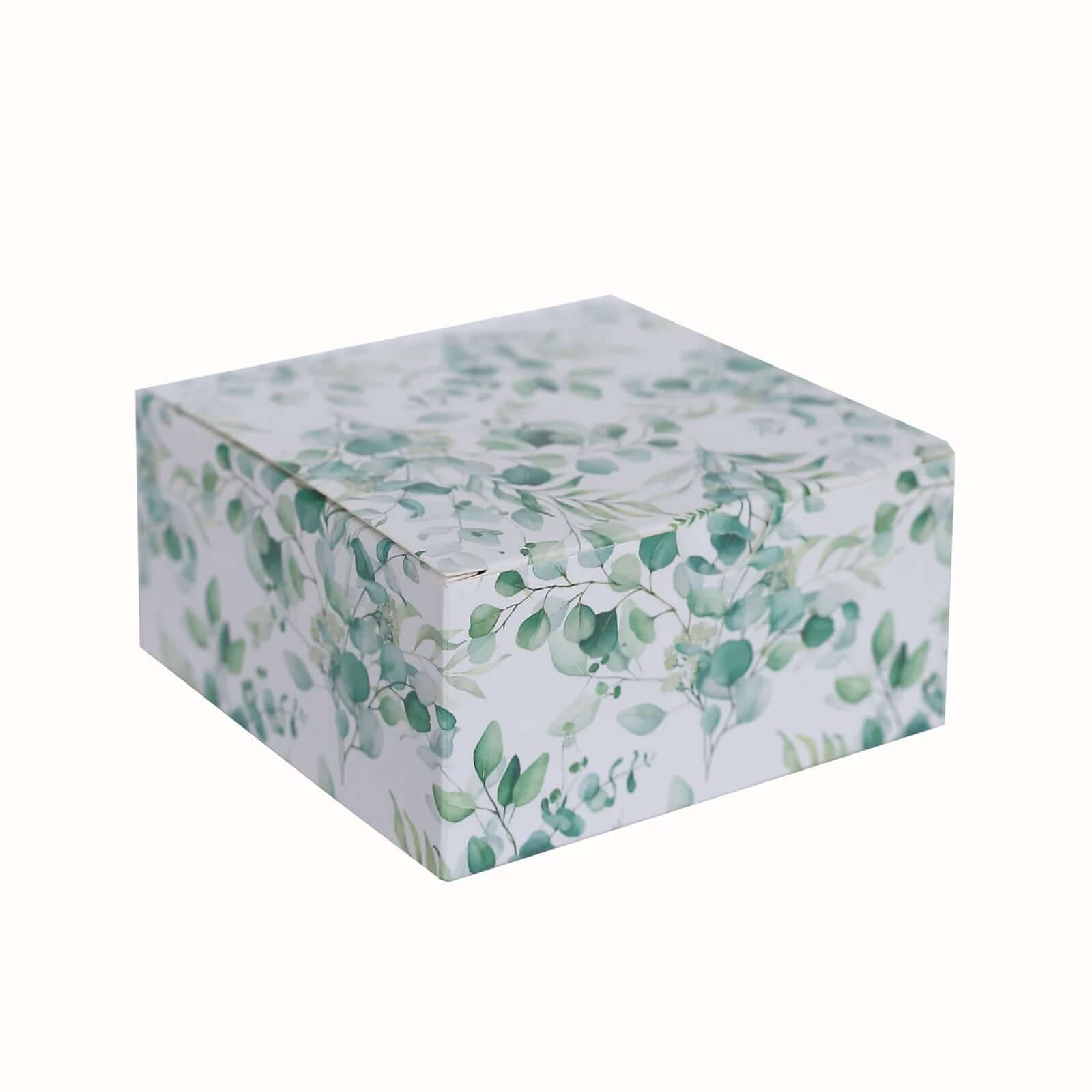 25 Pack White Green Eucalyptus Leaves Print Paper Favor Boxes, Cardstock Party Shower Candy Gift Boxes - 4x4x2