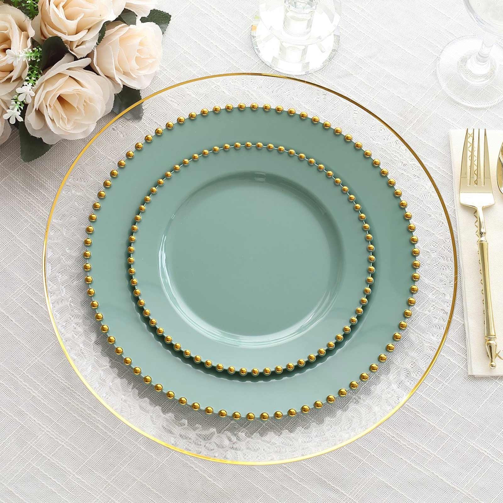 10-Pack Plastic 8 Round Appetizer Dessert Plates in Dusty Sage Green with Gold Beaded Rim - Disposable Salad Plates